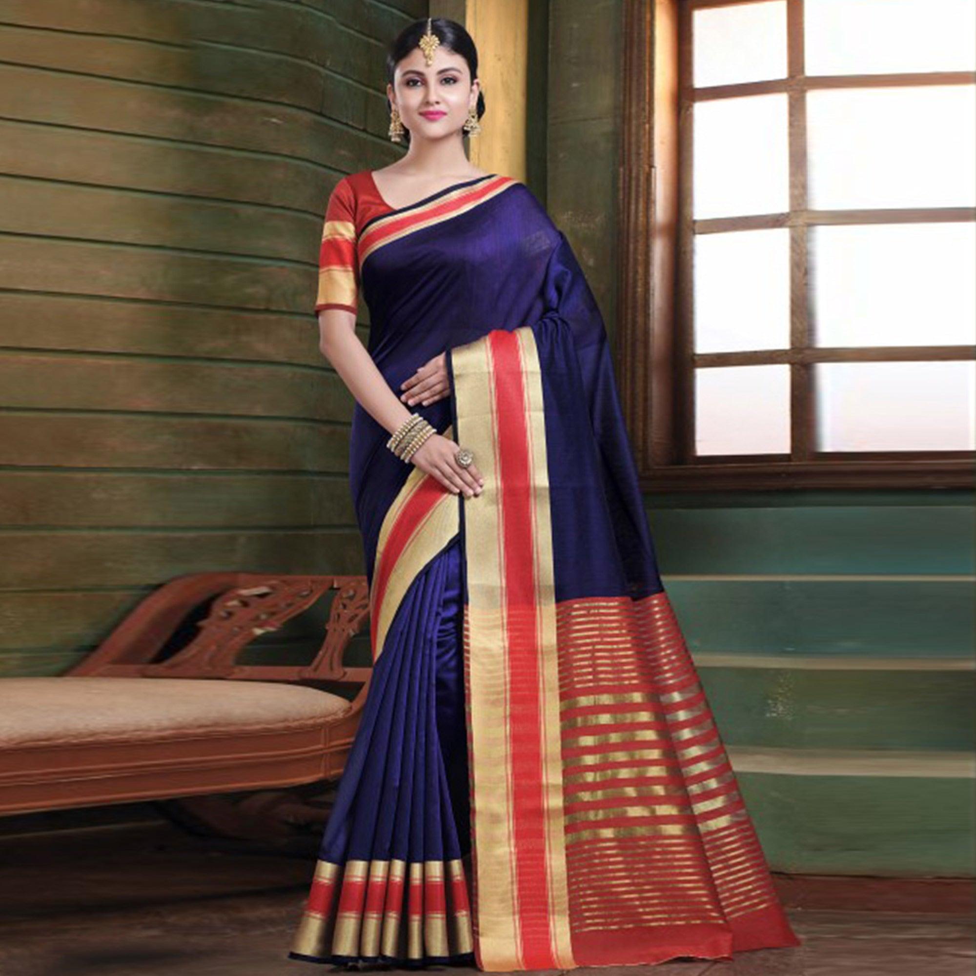 Lovely Navy Blue Colored Festive Wear Woven Cotton Handloom Saree - Peachmode