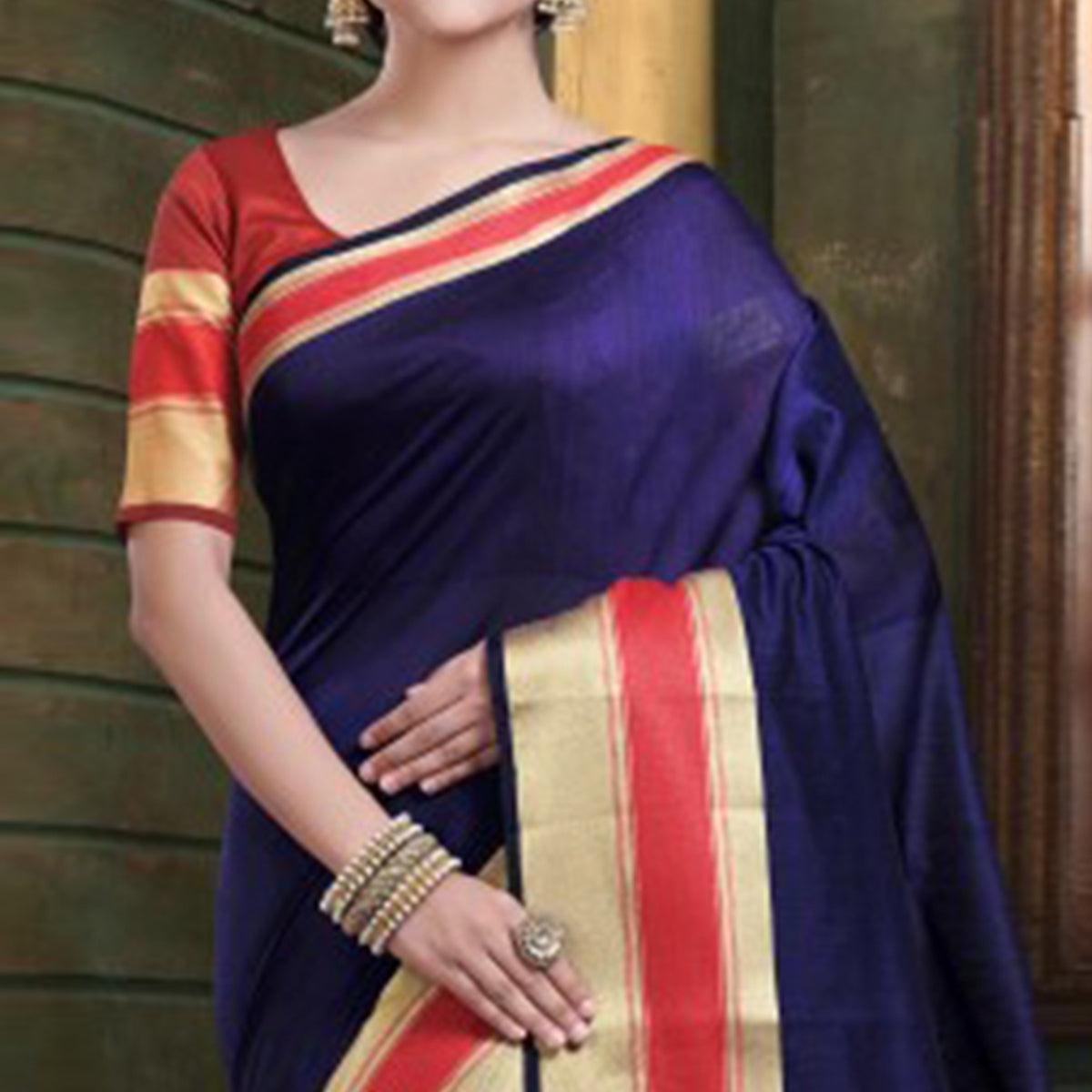 Lovely Navy Blue Colored Festive Wear Woven Cotton Handloom Saree - Peachmode