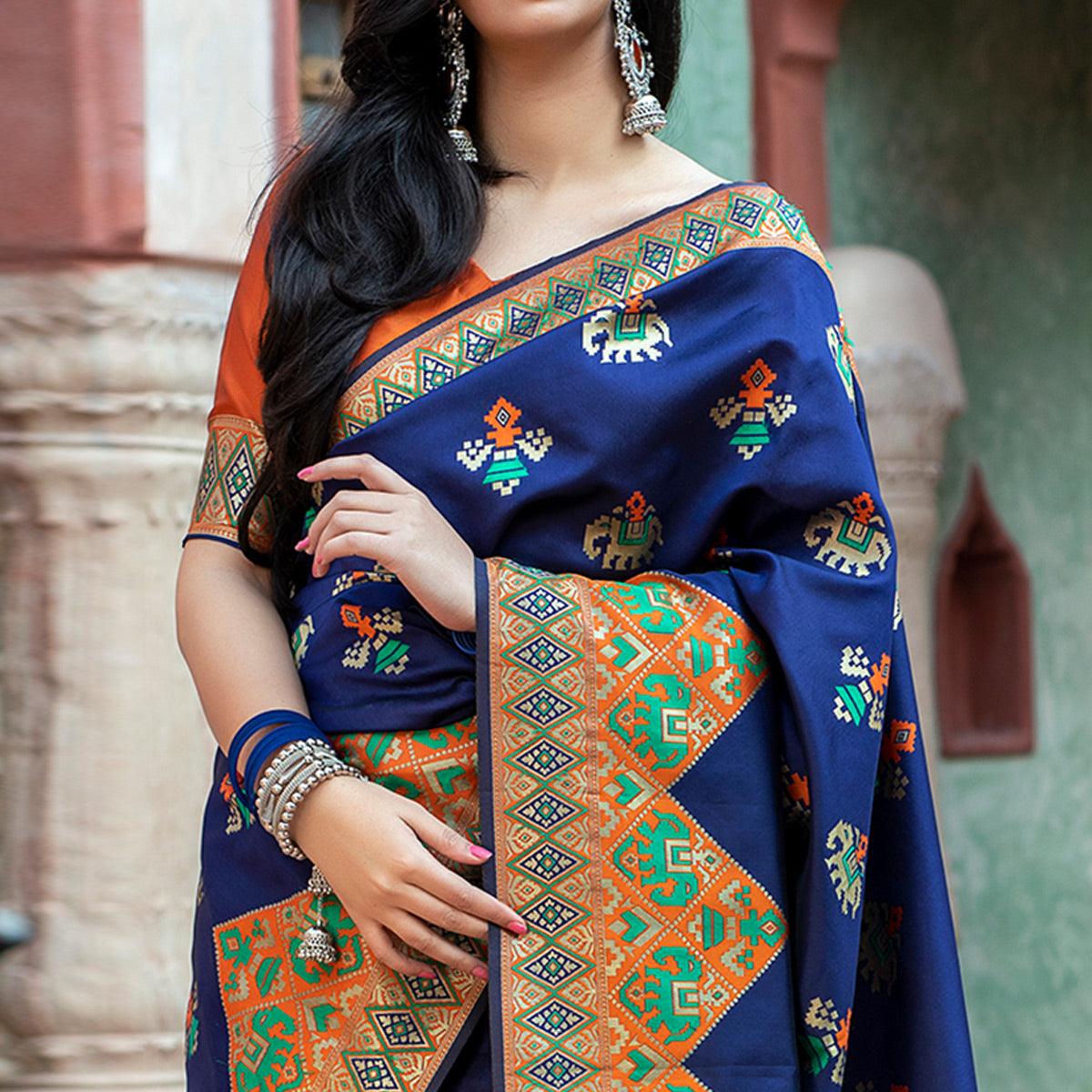 Lovely Navy Blue Colored Festive Wear Woven Patola Silk Saree - Peachmode