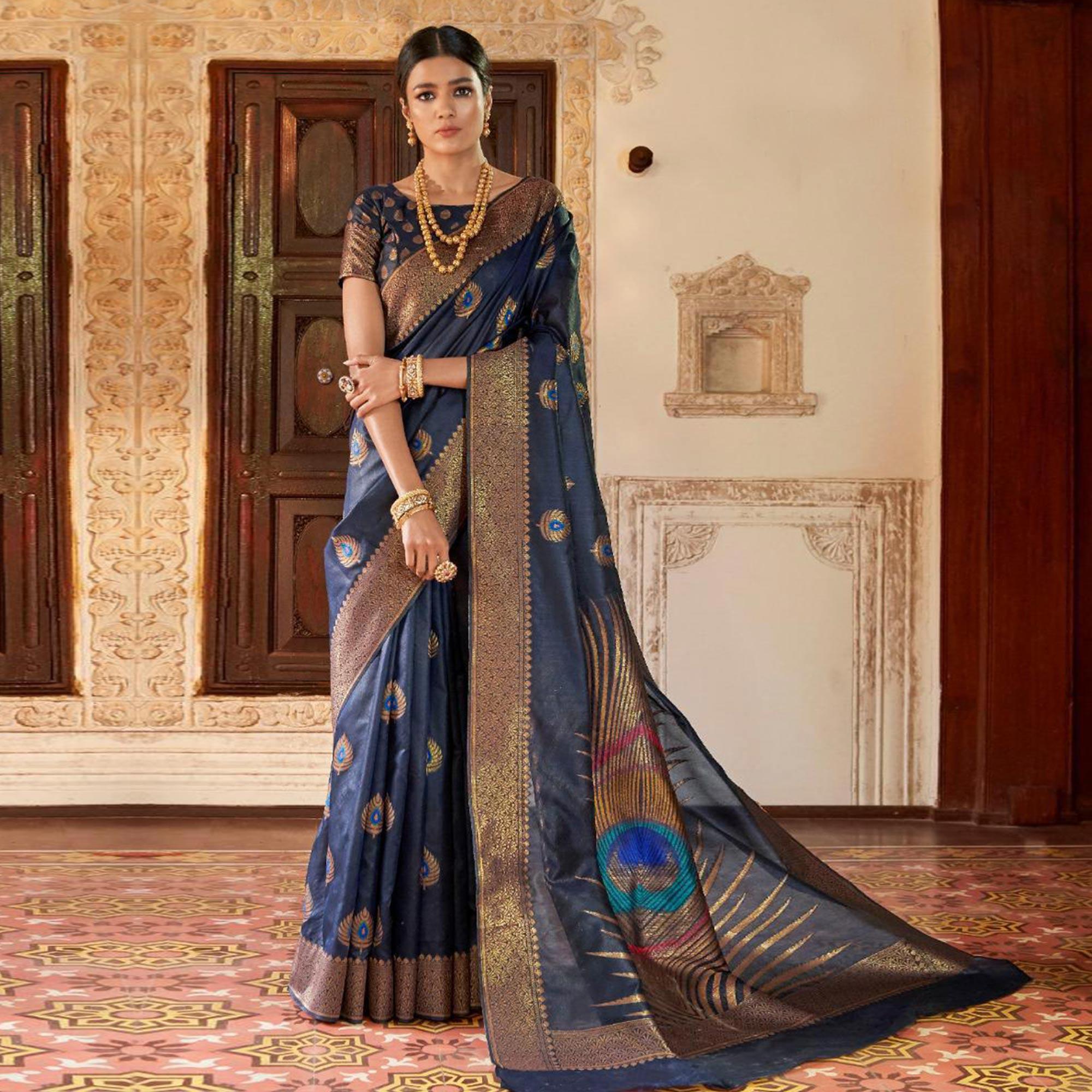 Lovely Navy Blue Colored Festive Wear Woven Silk Saree - Peachmode