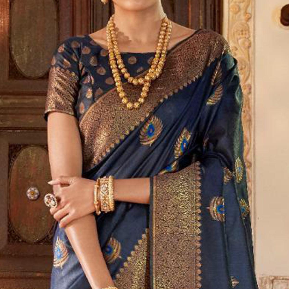 Lovely Navy Blue Colored Festive Wear Woven Silk Saree - Peachmode