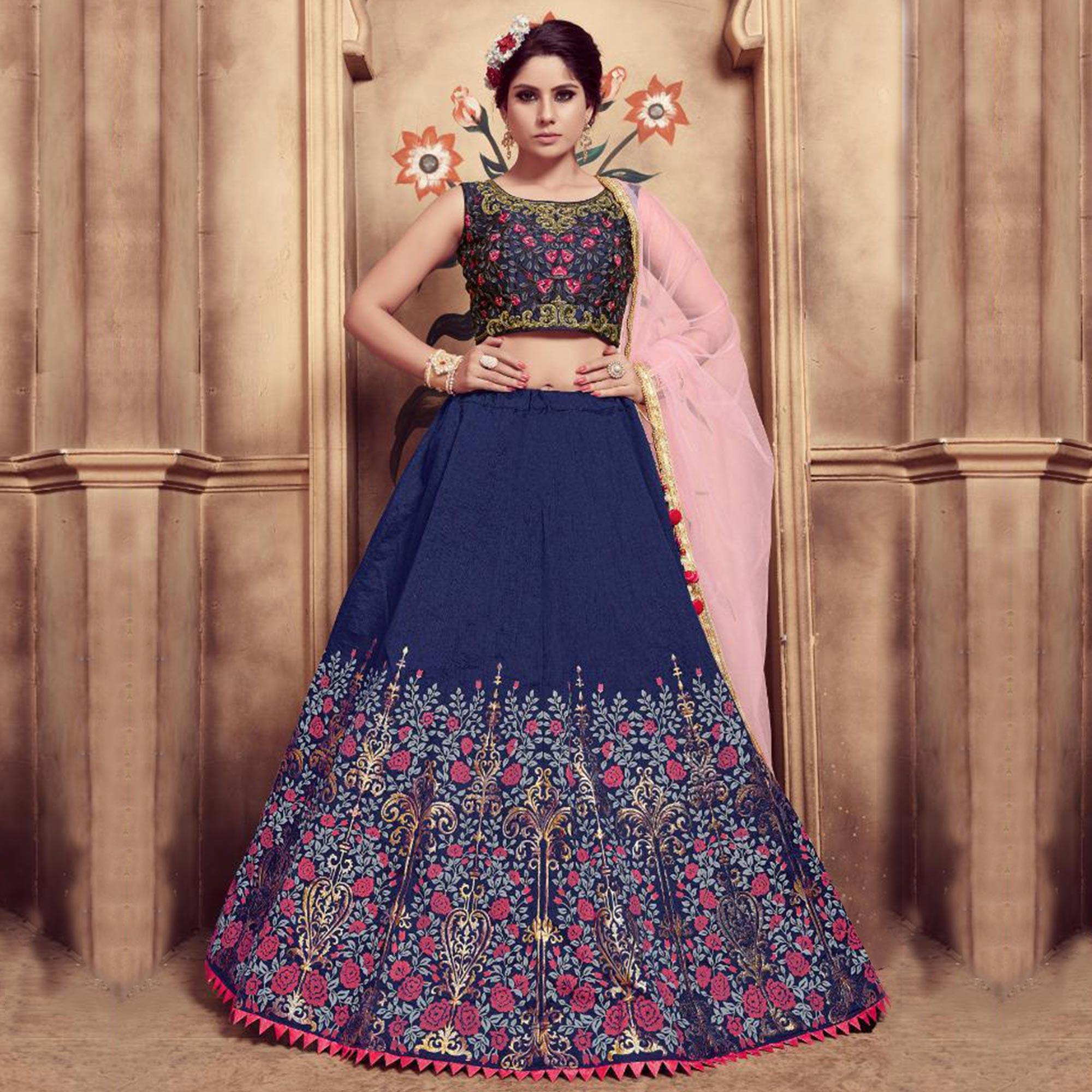 Lovely Navy Blue Colored Party Wear Embroidered Silk Lehenga Choli - Peachmode