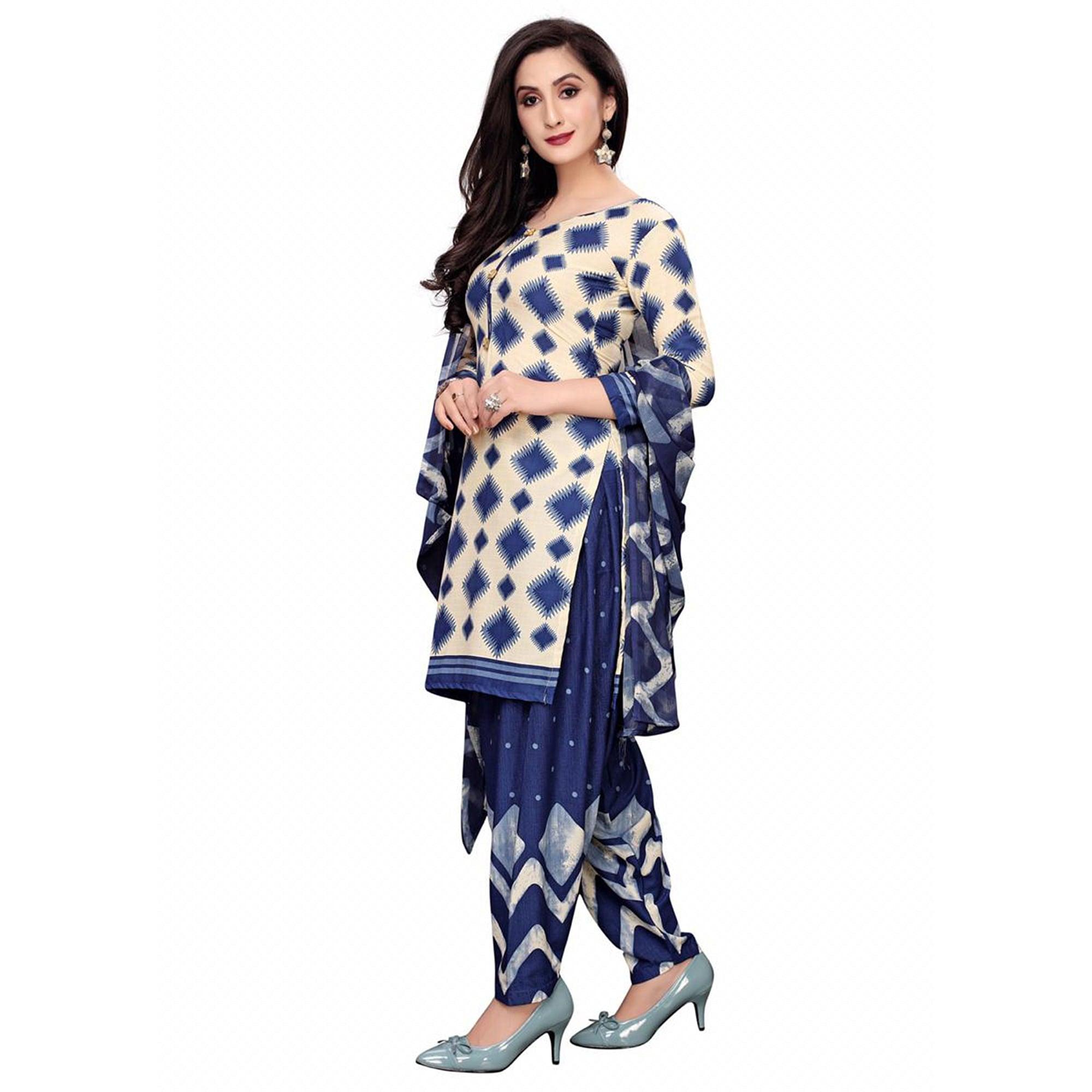 Lovely Off White - Blue Colored Casual Wear Printed Crepe Salwar Suit - Peachmode