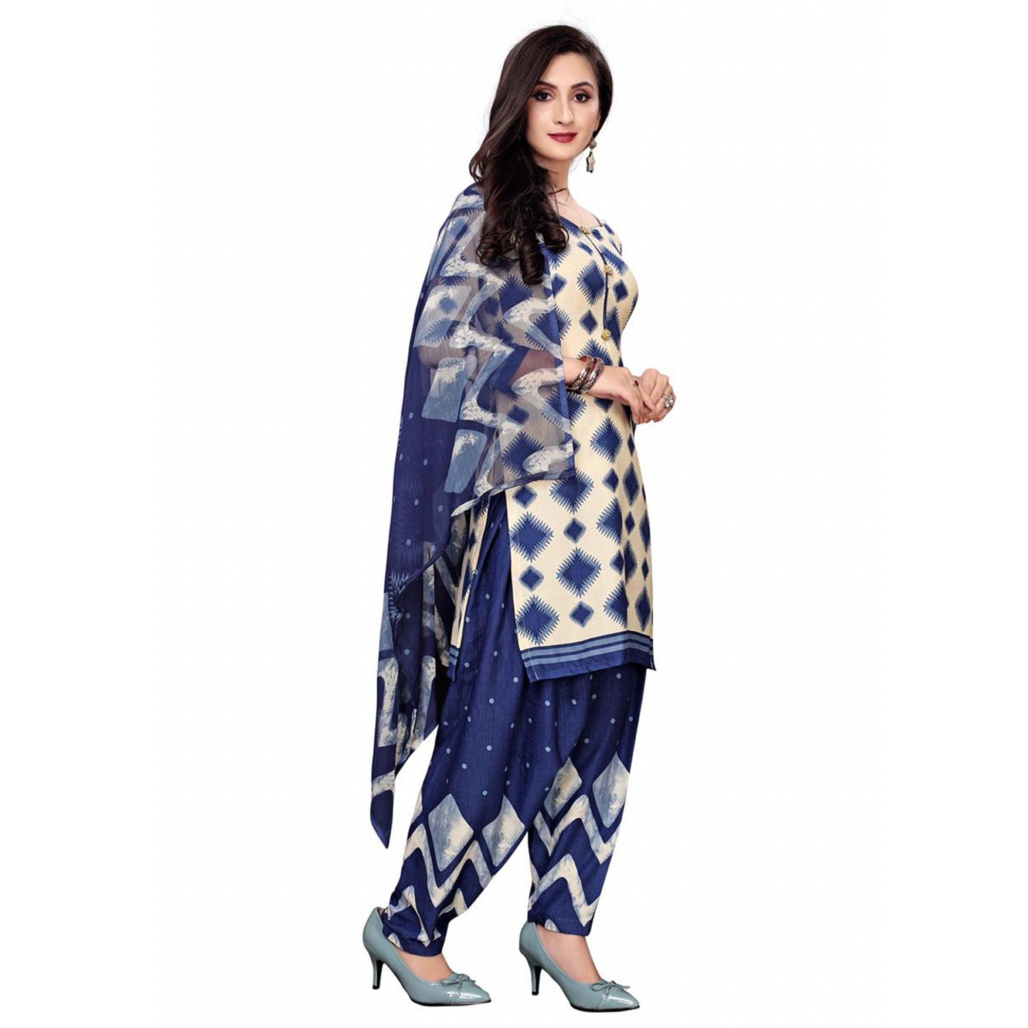 Lovely Off White - Blue Colored Casual Wear Printed Crepe Salwar Suit - Peachmode
