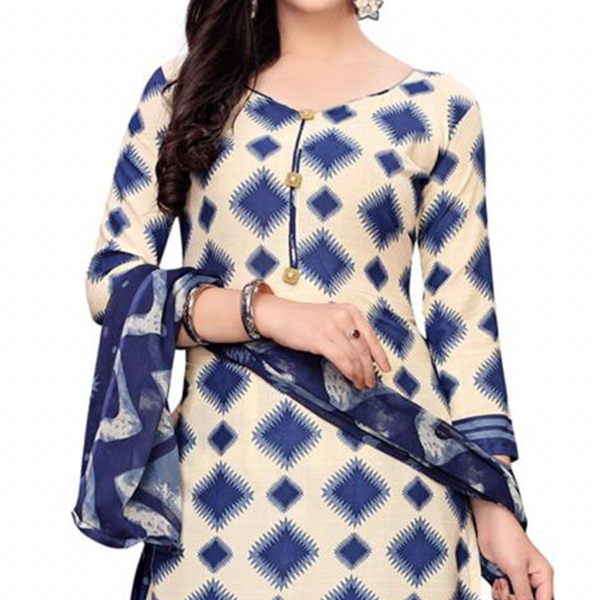 Lovely Off White - Blue Colored Casual Wear Printed Crepe Salwar Suit - Peachmode
