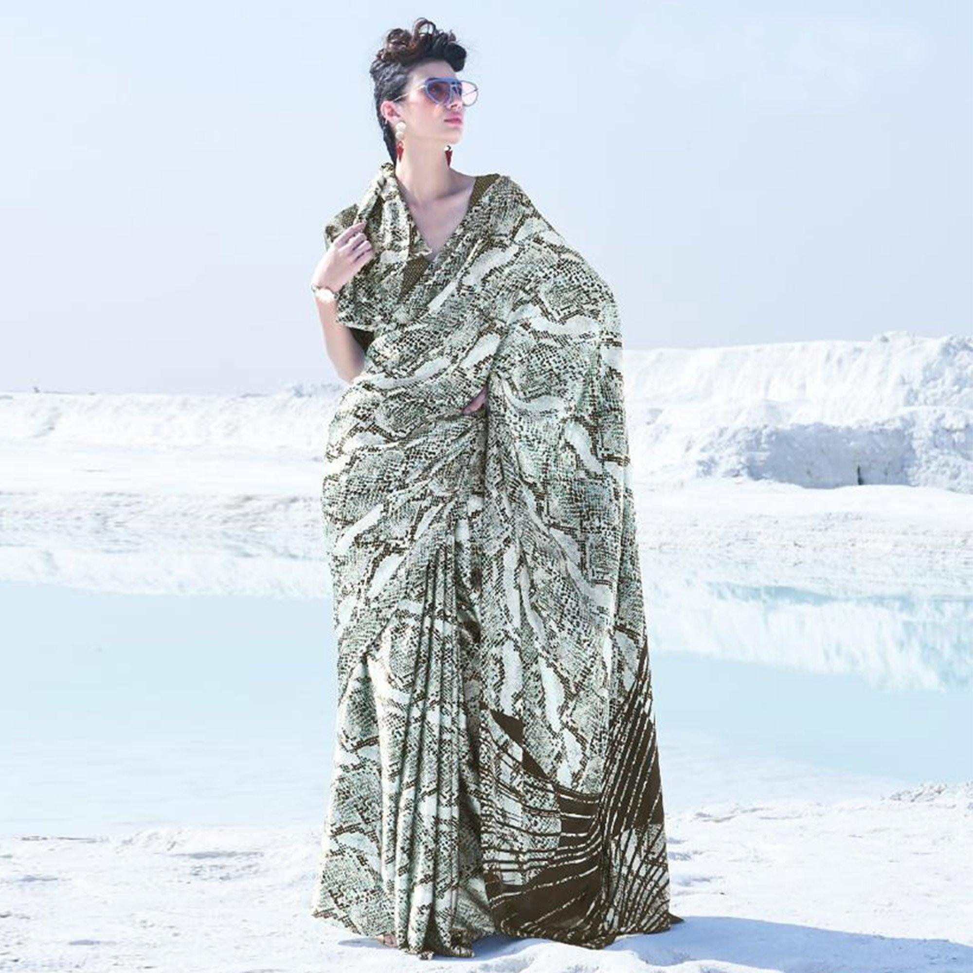 Lovely Offwhite Colored Casual Wear Printed Satin Crepe Saree - Peachmode