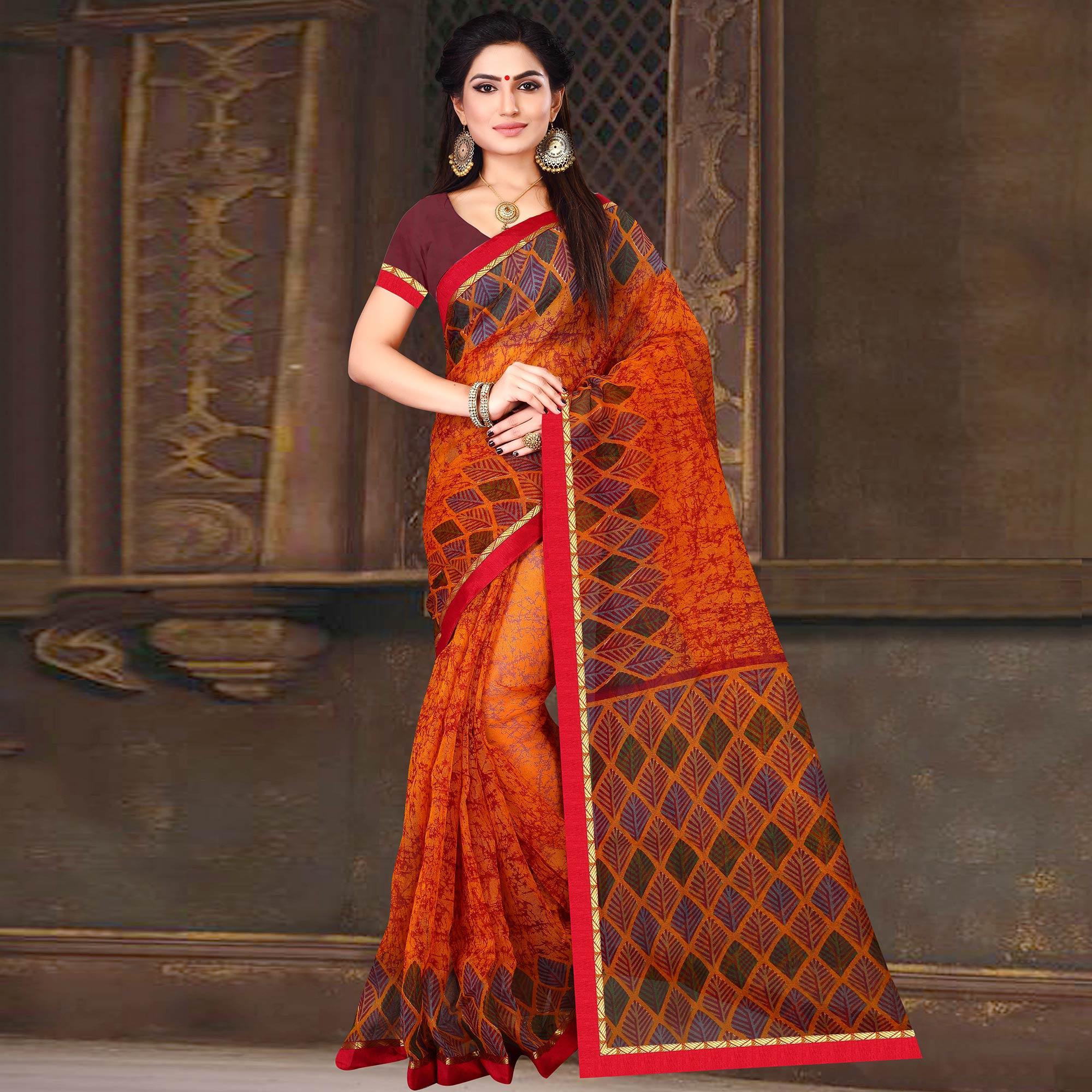 Lovely Orange Colored Casual Wear Printed Silk Saree - Peachmode