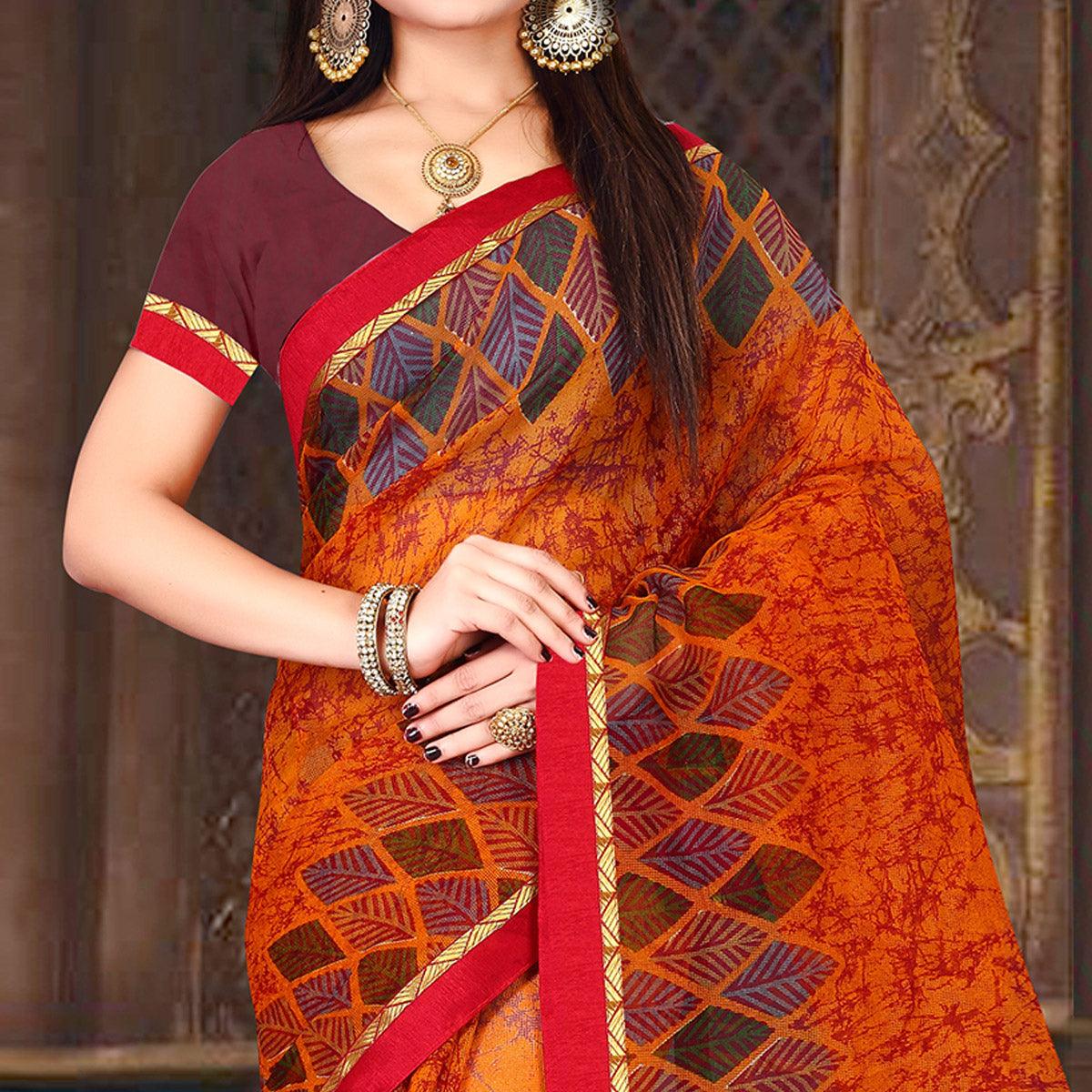 Lovely Orange Colored Casual Wear Printed Silk Saree - Peachmode