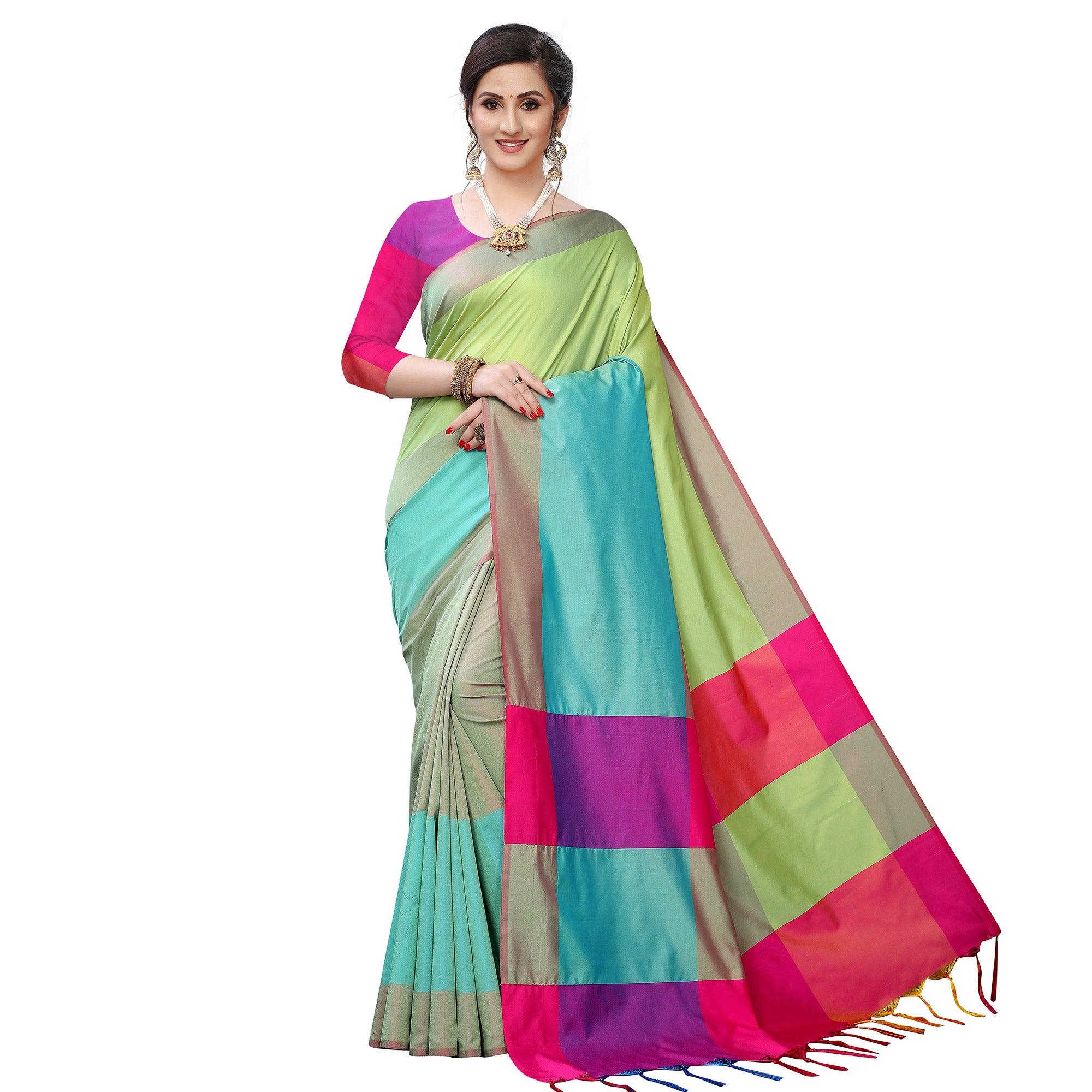 Lovely Parrot Green Colored Festive Wear Woven Sana Silk Saree - Peachmode
