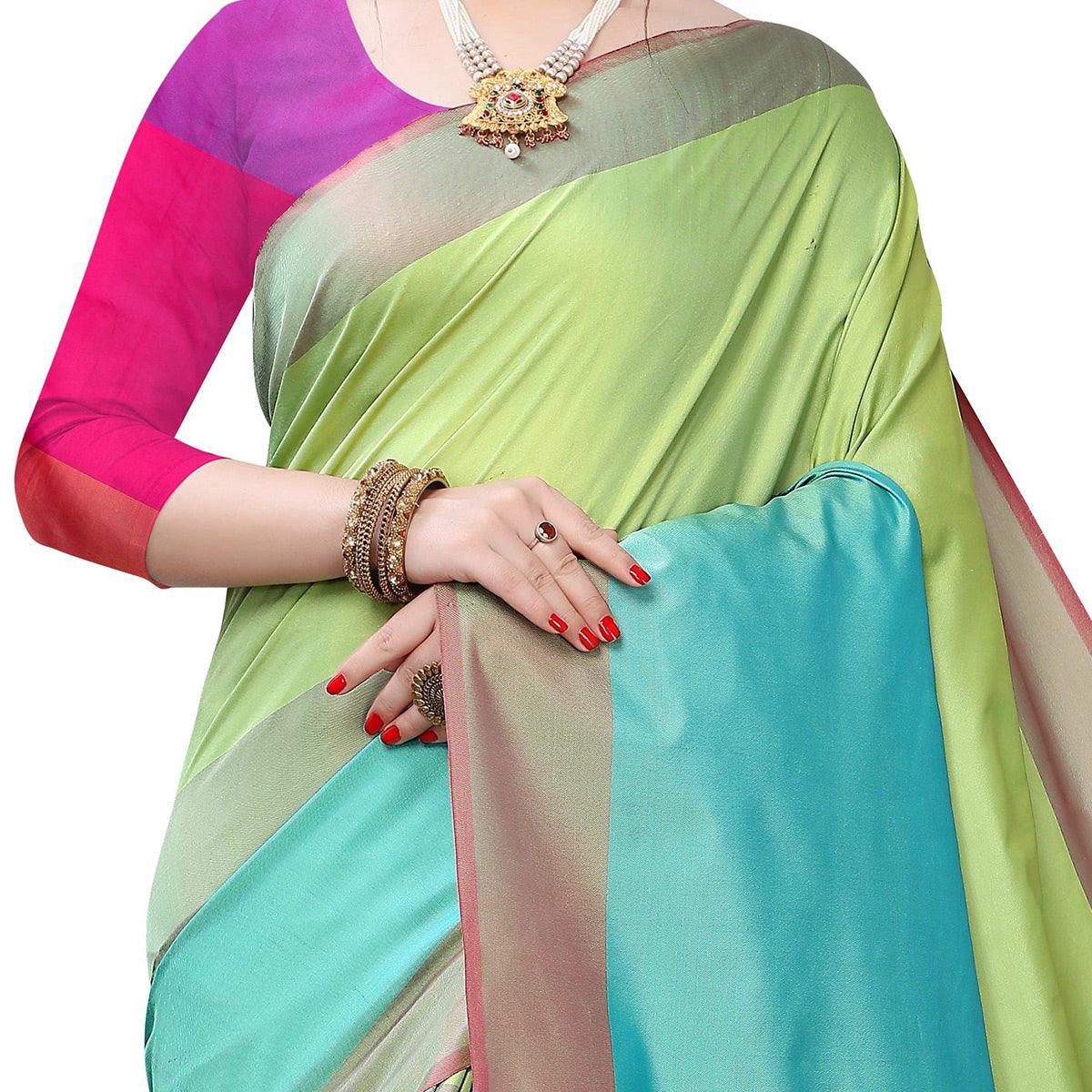 Lovely Parrot Green Colored Festive Wear Woven Sana Silk Saree - Peachmode