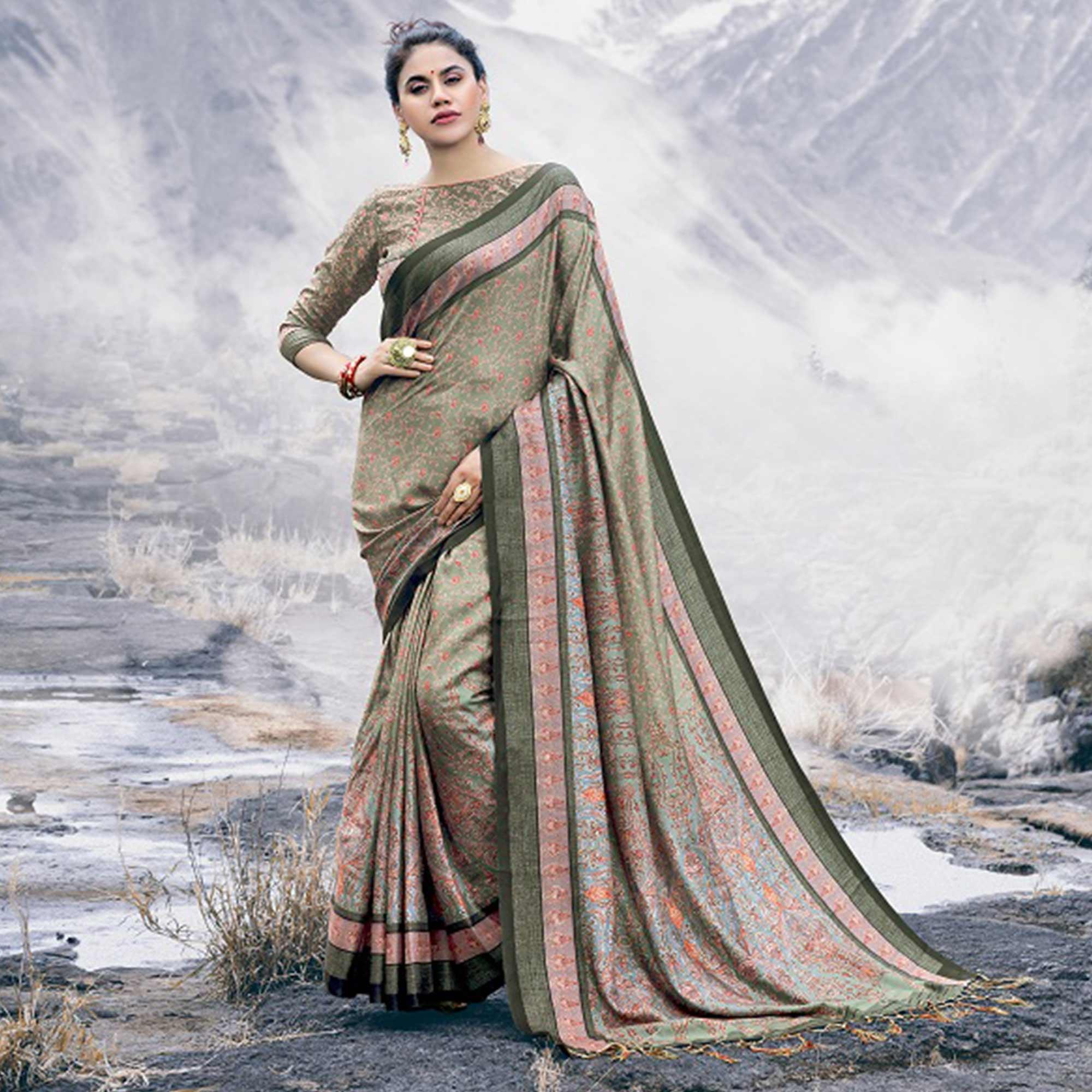 Lovely Pastel Olive Green Colored Festive Wear Printed Art Silk Saree - Peachmode