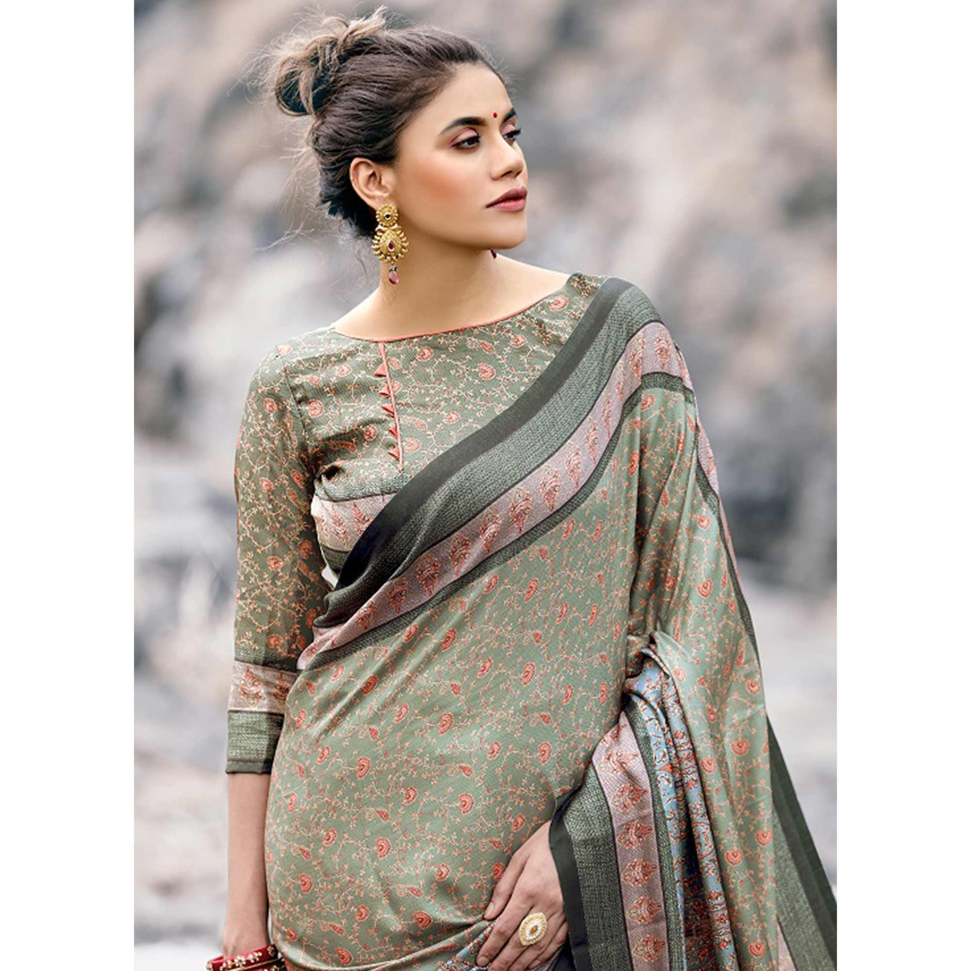 Lovely Pastel Olive Green Colored Festive Wear Printed Art Silk Saree - Peachmode