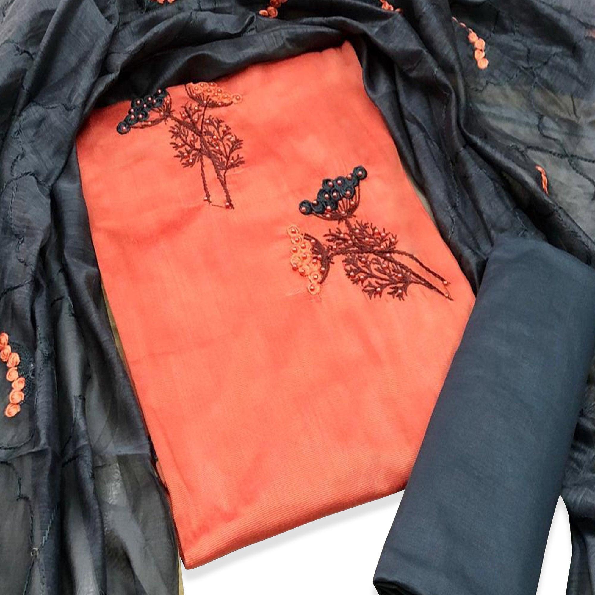 Lovely Peach Colored Casual Wear Embroidered Cotton Dress Material - Peachmode