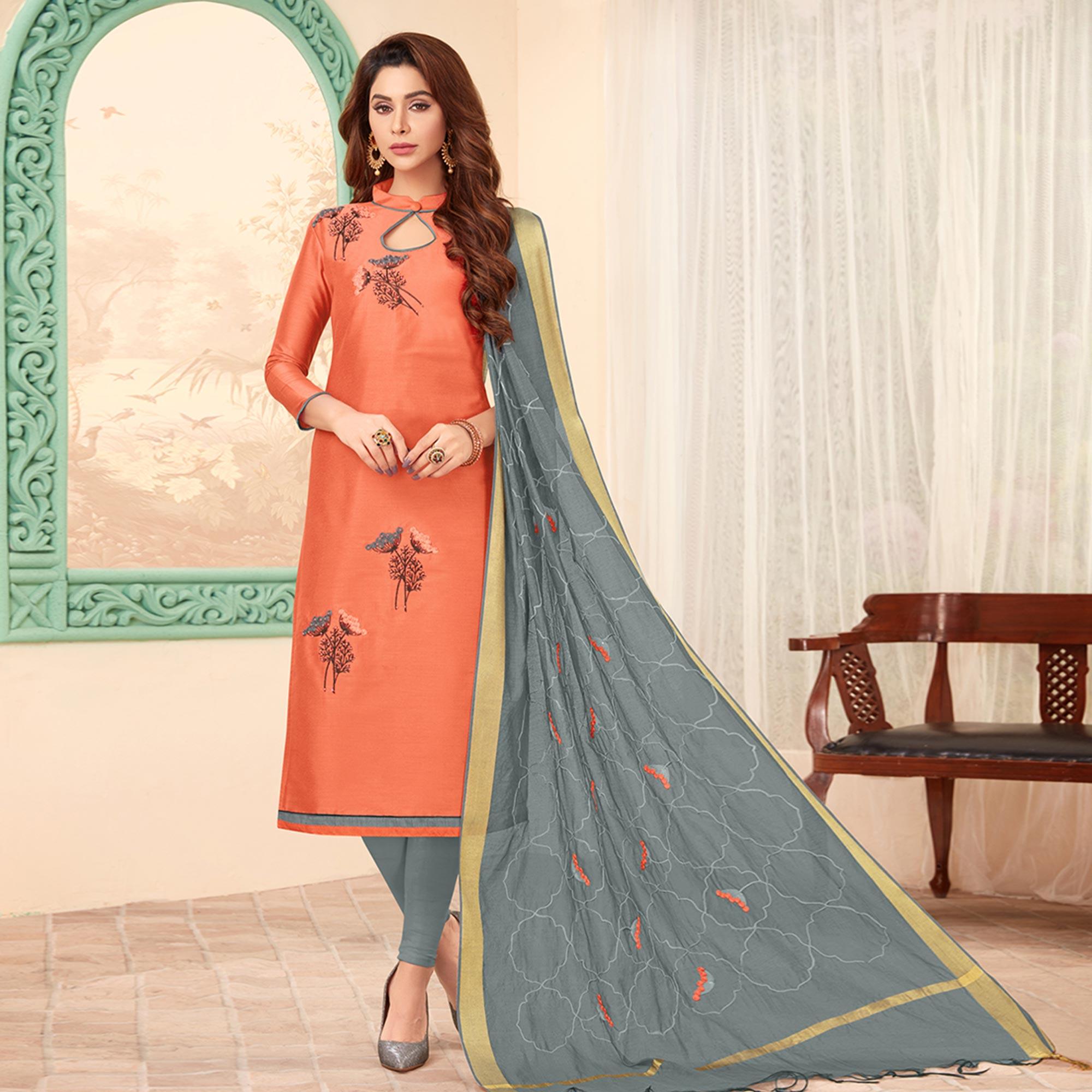 Lovely Peach Colored Casual Wear Embroidered Cotton Dress Material - Peachmode