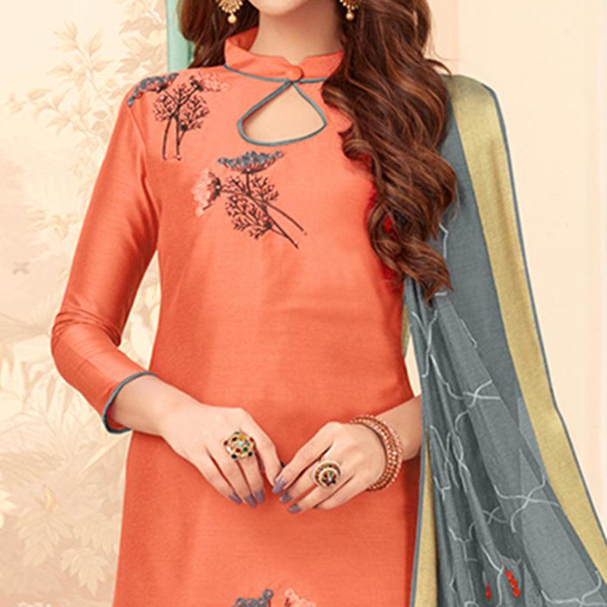Lovely Peach Colored Casual Wear Embroidered Cotton Dress Material - Peachmode