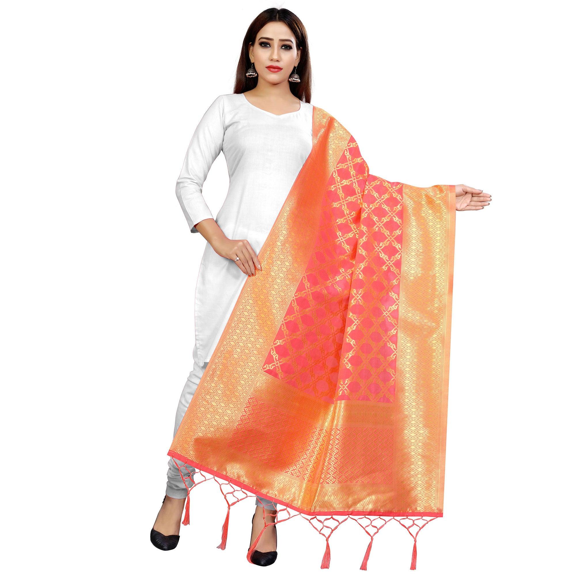 Lovely Peach Colored Festive Wear Banarasi Silk Dupatta - Peachmode