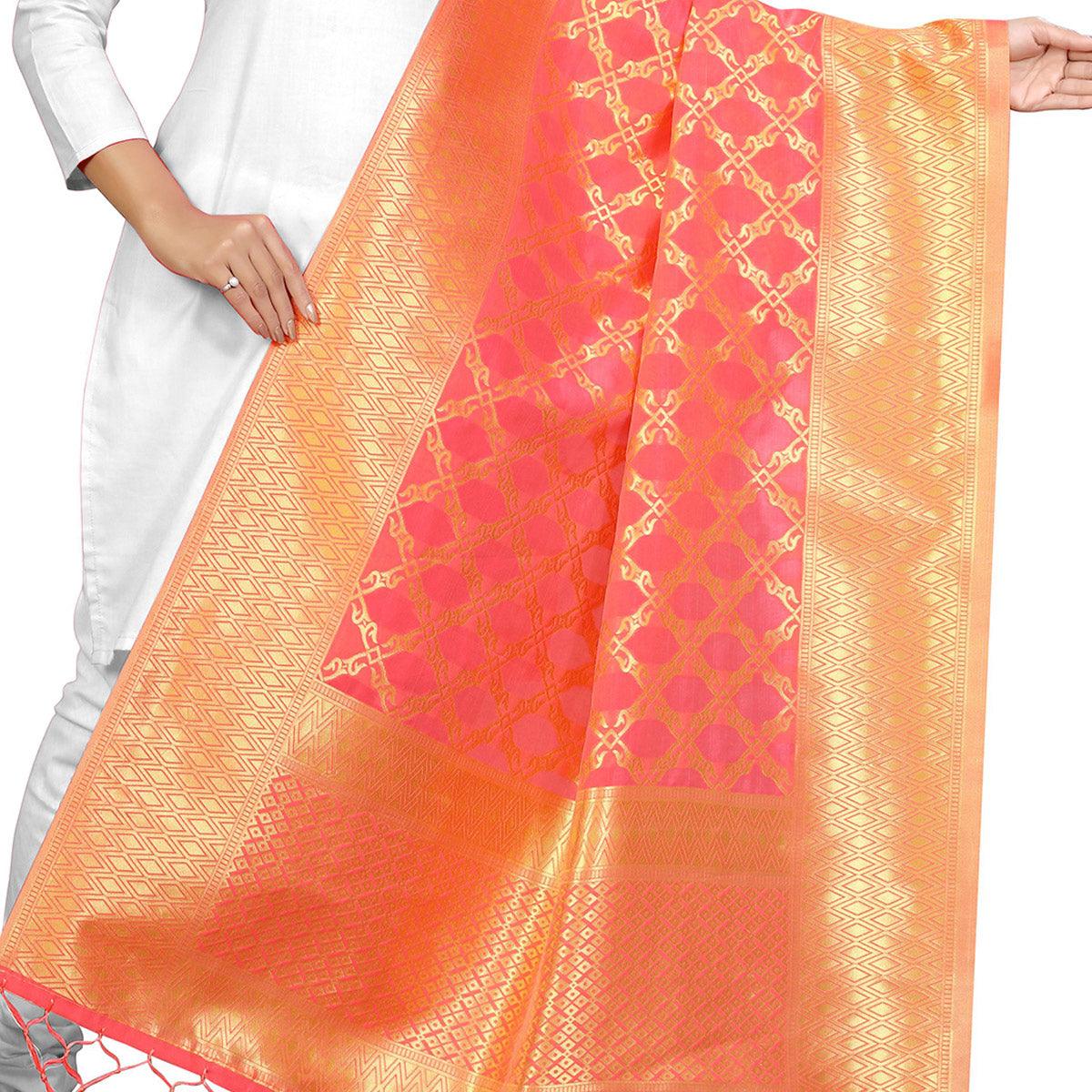 Lovely Peach Colored Festive Wear Banarasi Silk Dupatta - Peachmode