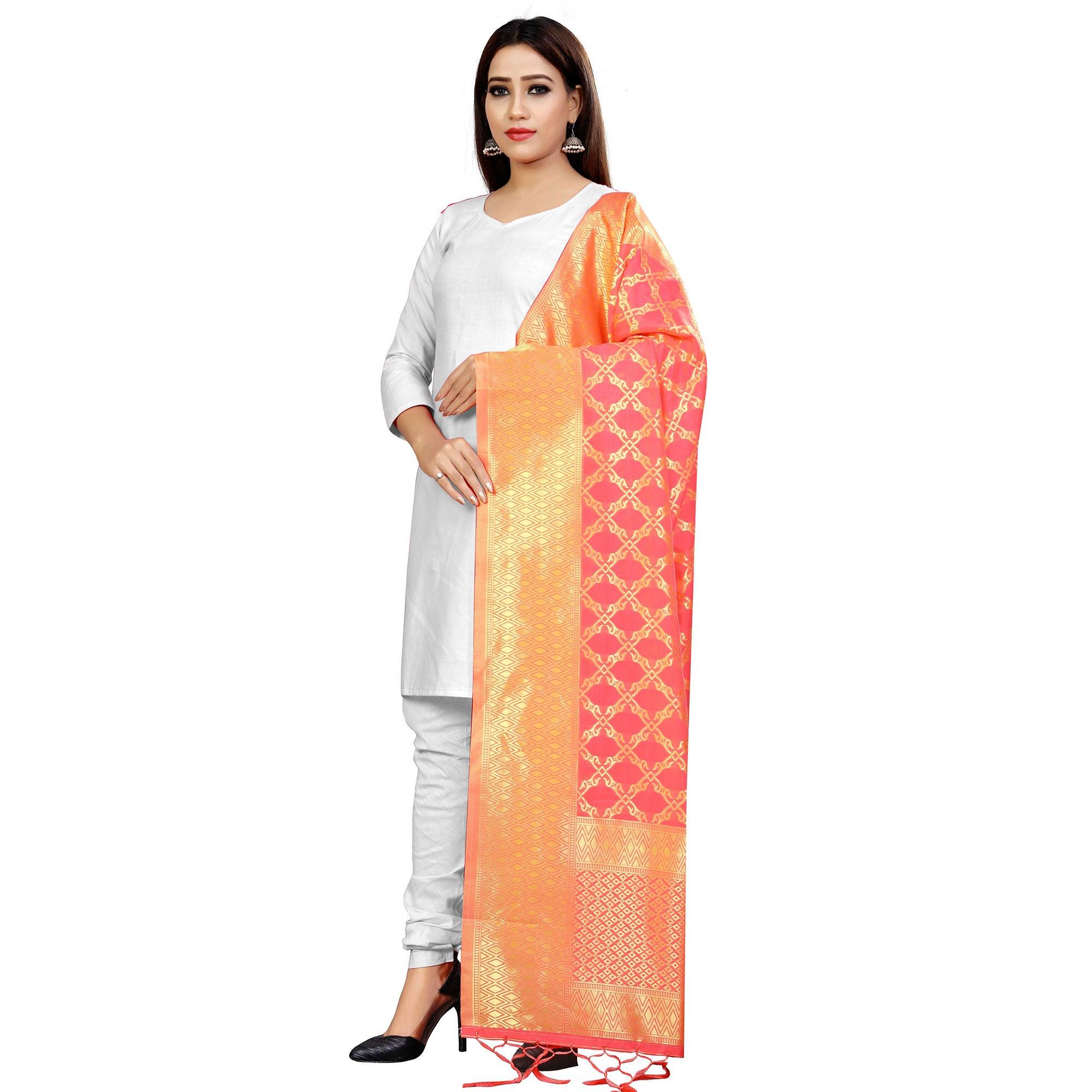 Lovely Peach Colored Festive Wear Banarasi Silk Dupatta - Peachmode