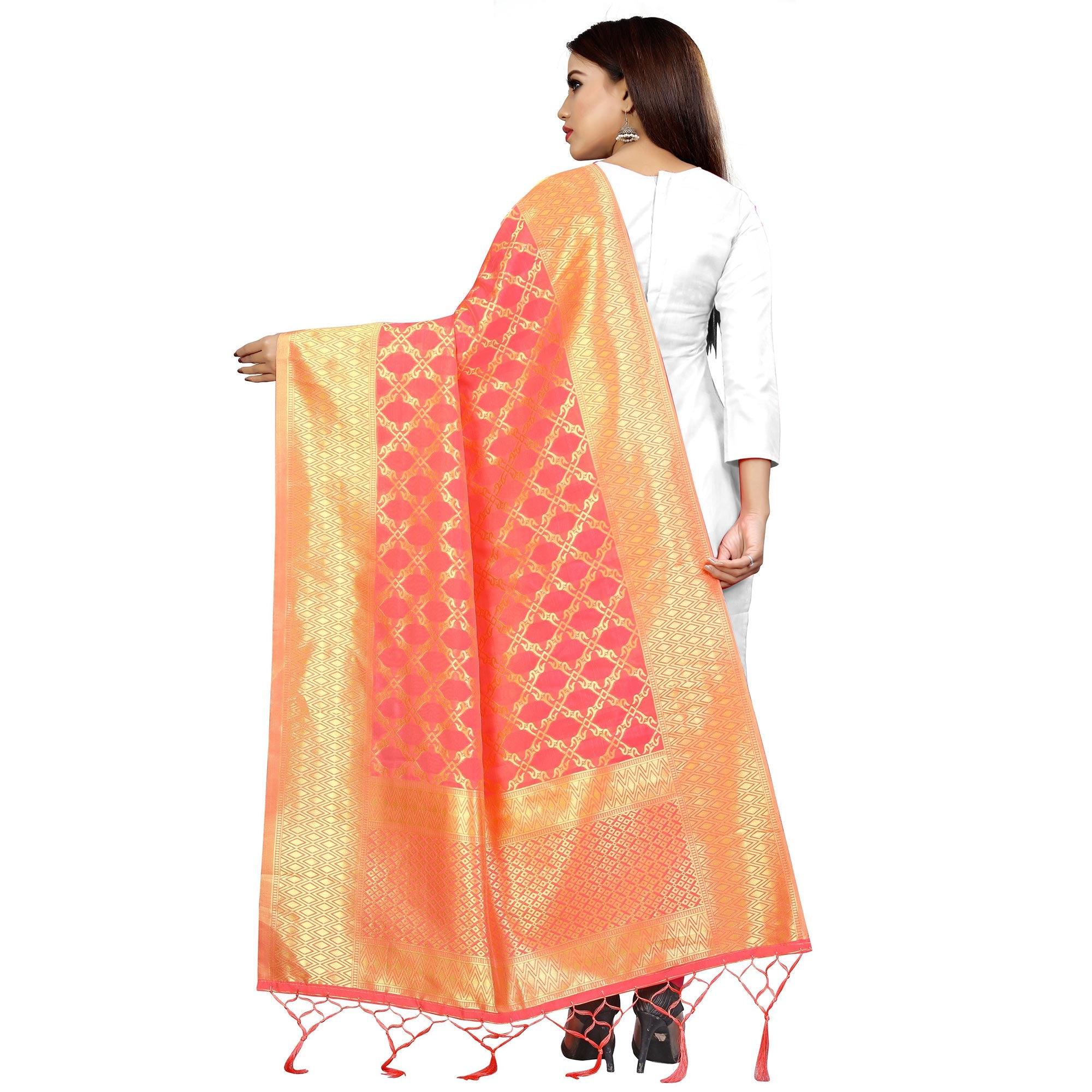 Lovely Peach Colored Festive Wear Banarasi Silk Dupatta - Peachmode