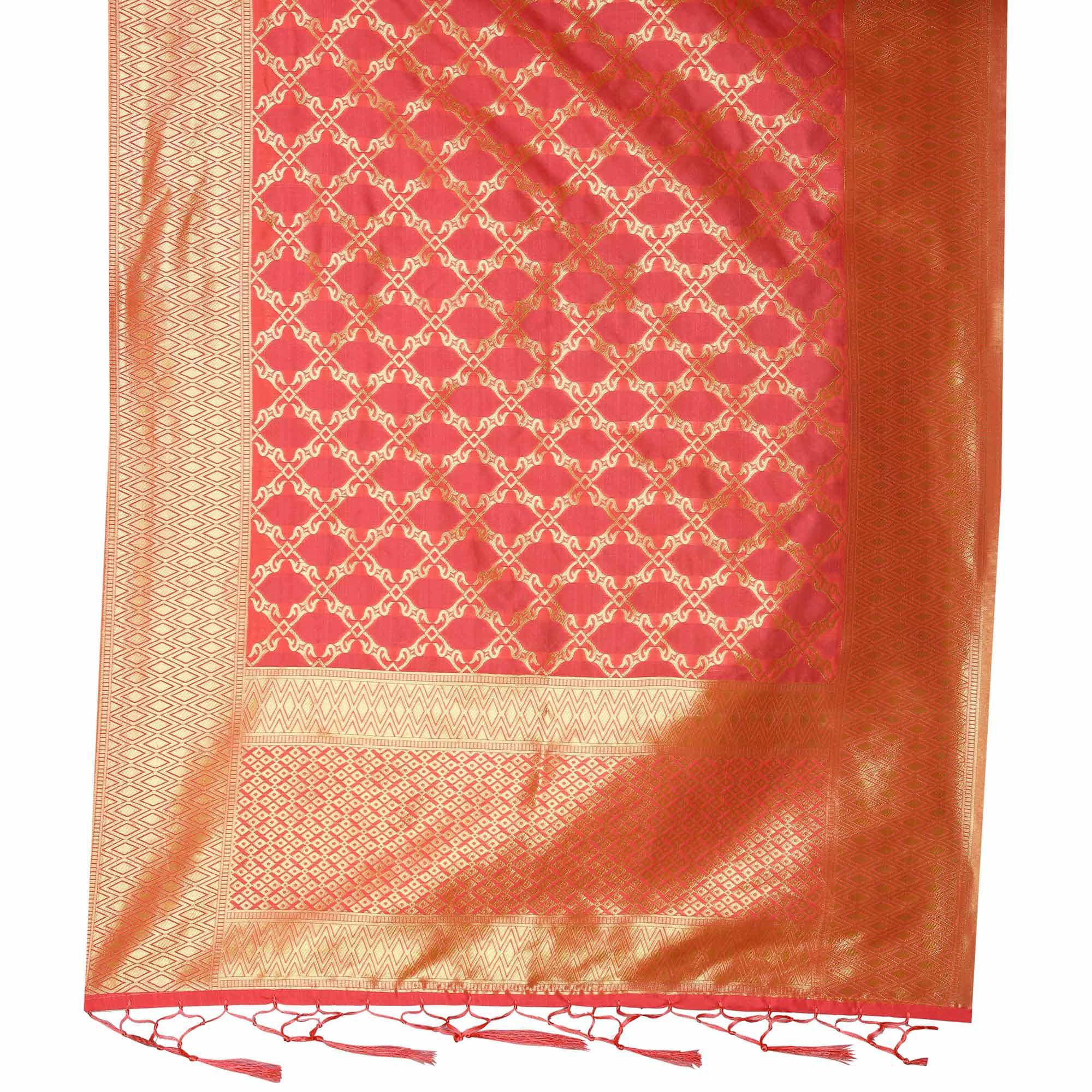 Lovely Peach Colored Festive Wear Banarasi Silk Dupatta - Peachmode