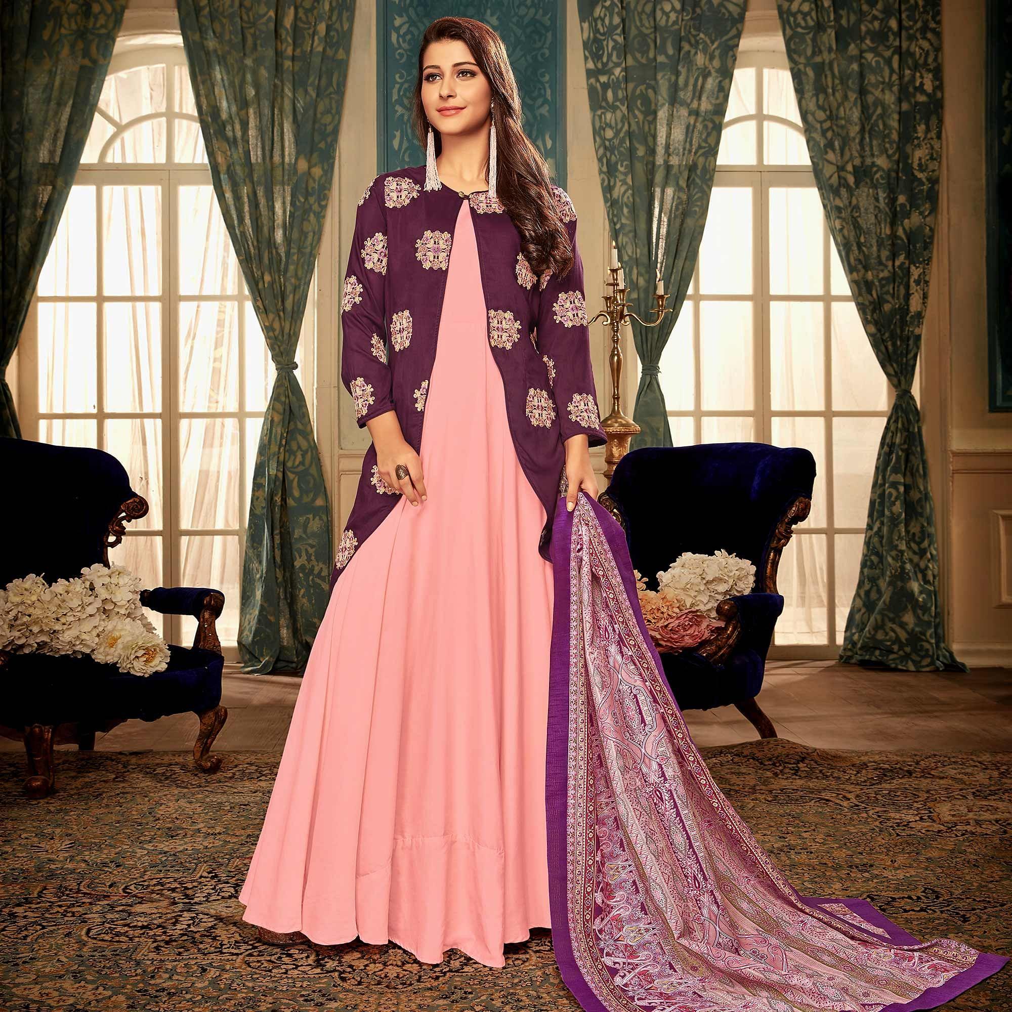 Lovely Peach Colored Partywear Embroidered Heavy Muslin Gown - Peachmode