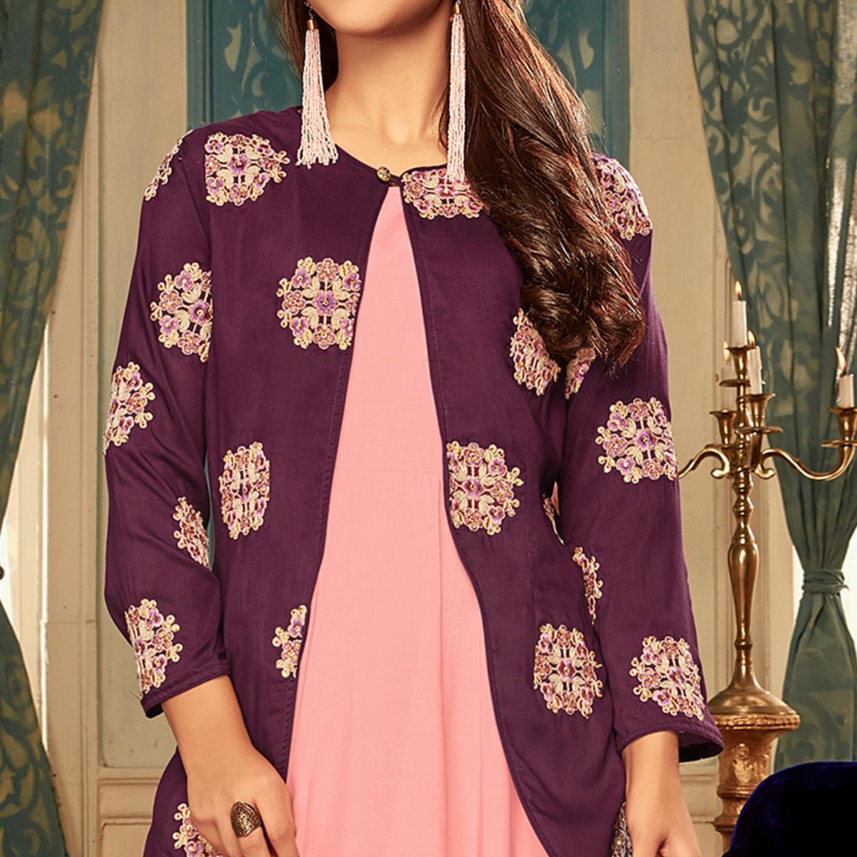 Lovely Peach Colored Partywear Embroidered Heavy Muslin Gown - Peachmode