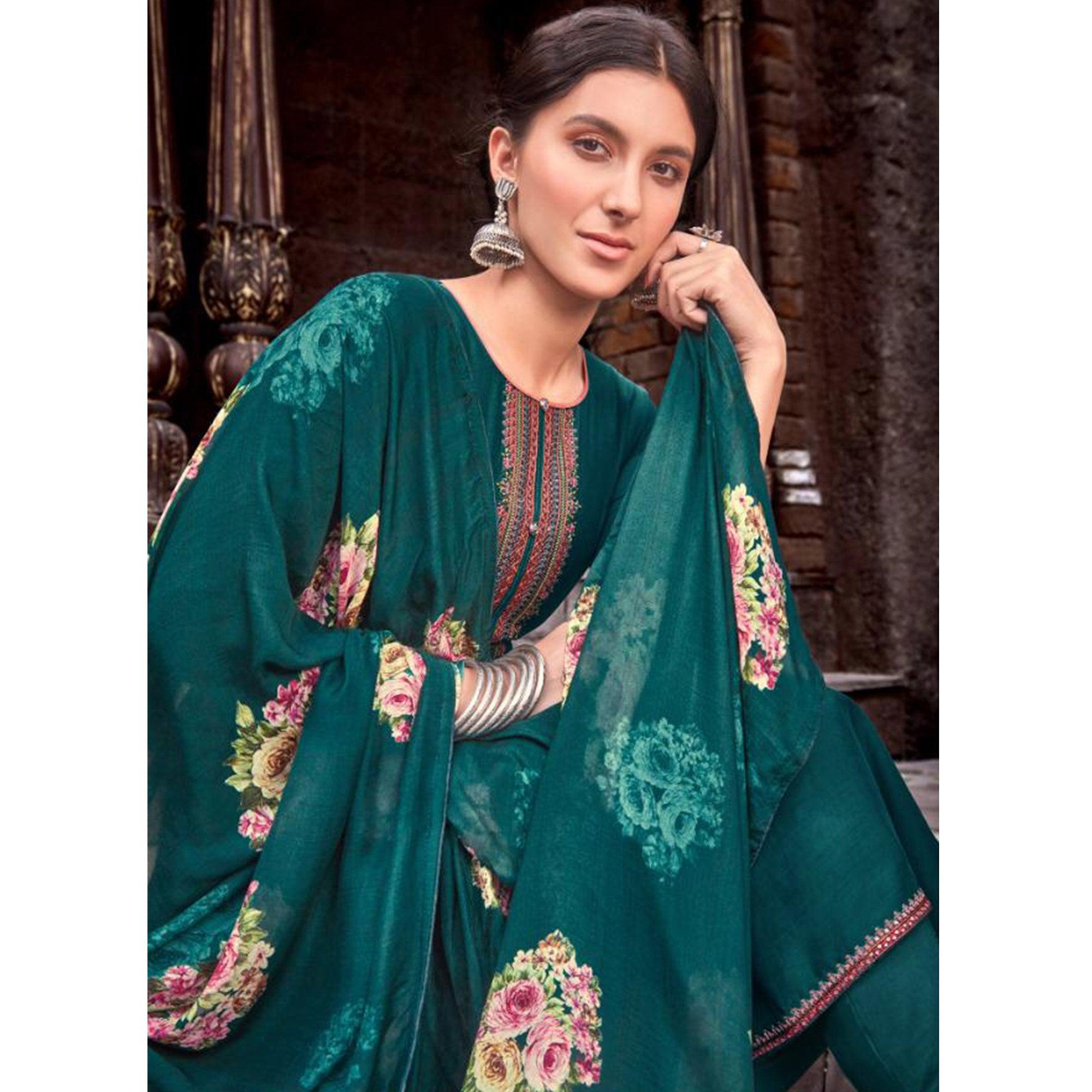 Lovely Peacock Blue Colored Partywear Printed Viscose Muslin Suit - Peachmode