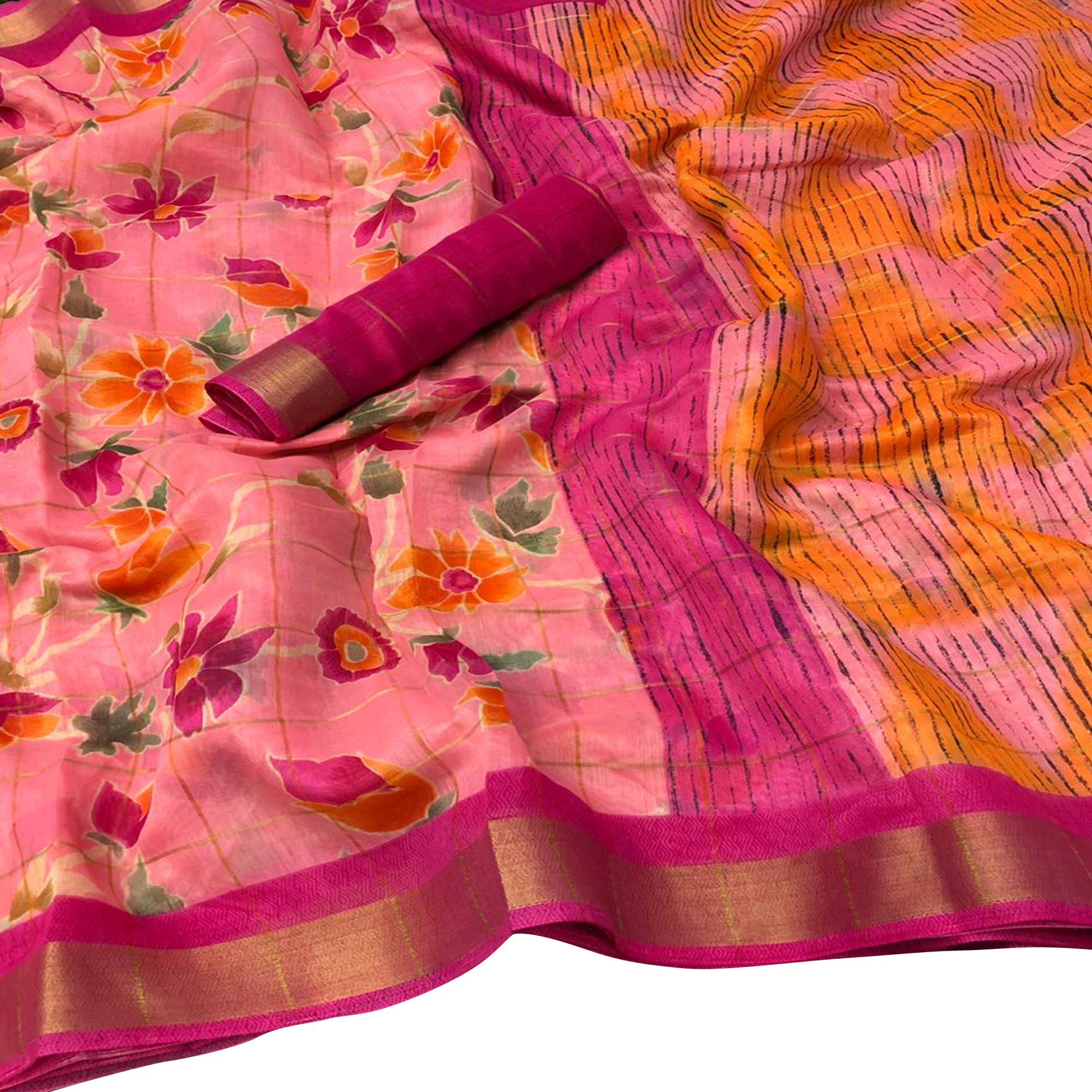 Lovely Pink Colored Casual Floral Printed Cotton Saree - Peachmode