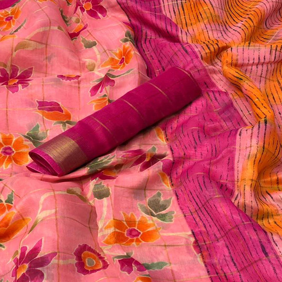 Lovely Pink Colored Casual Floral Printed Cotton Saree - Peachmode