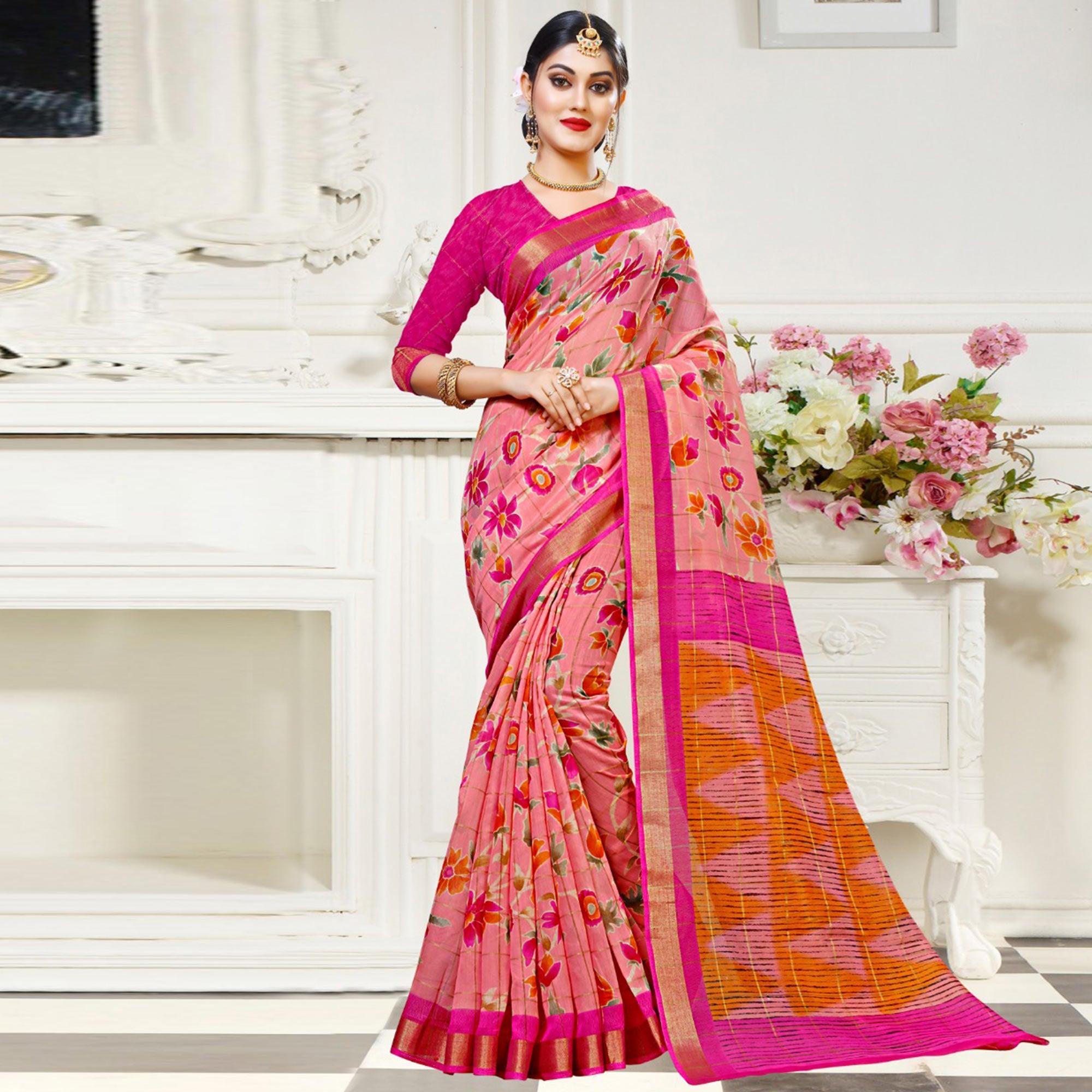 Lovely Pink Colored Casual Floral Printed Cotton Saree - Peachmode