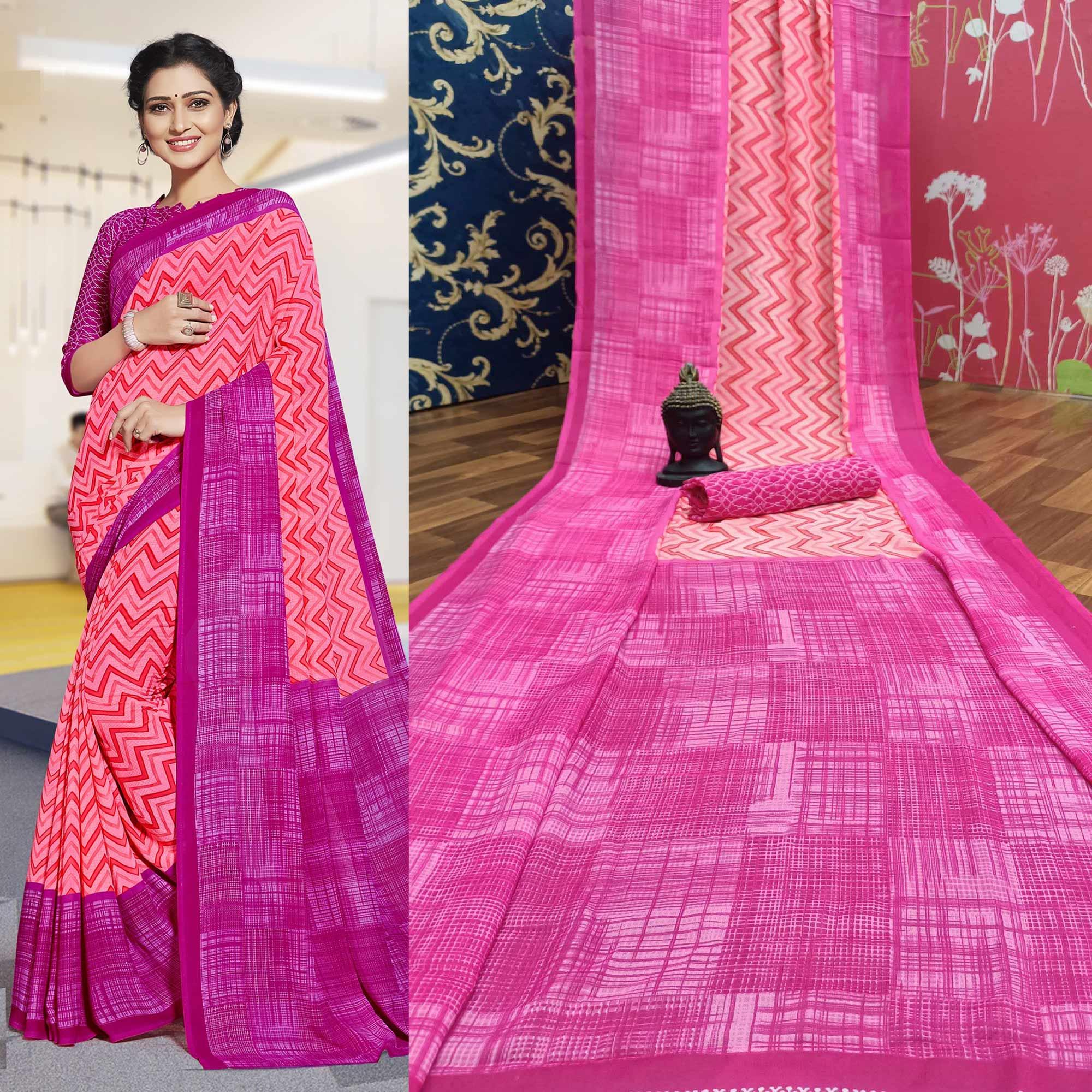 Lovely Pink Colored Casual Printed Georgette Saree - Peachmode
