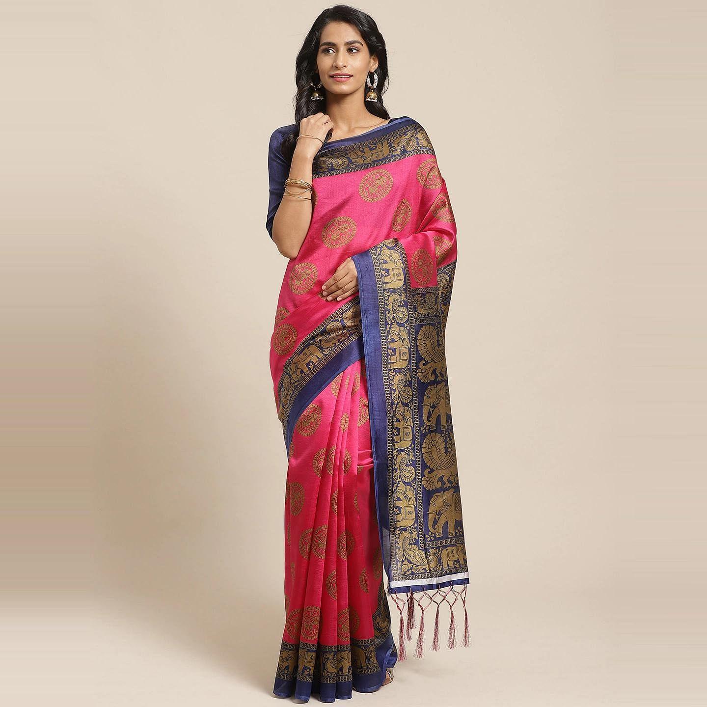 Lovely Pink Colored Casual Wear Printed Art Silk Saree - Peachmode