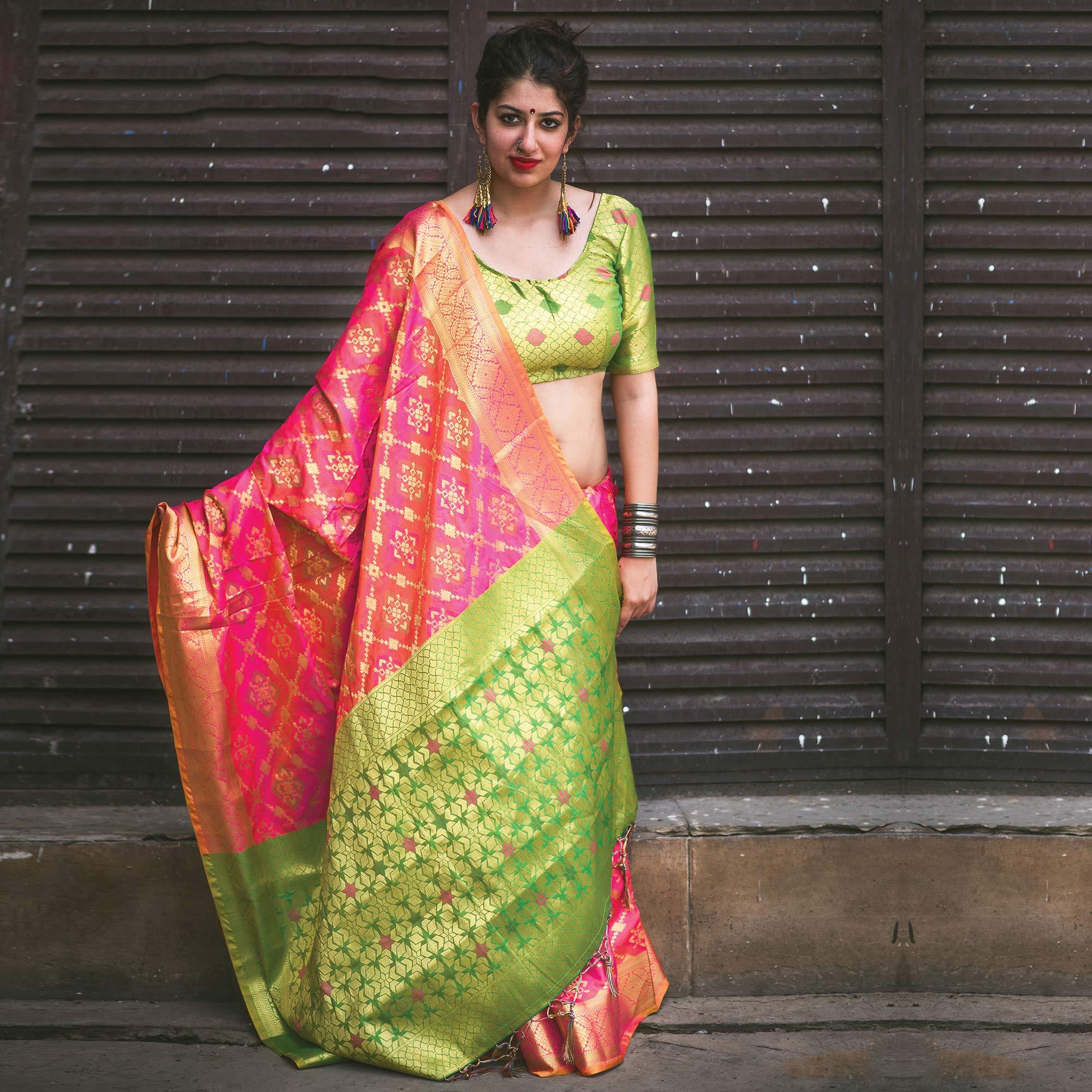 Lovely Pink Colored Festive Wear Designer Woven Patola Silk Saree - Peachmode