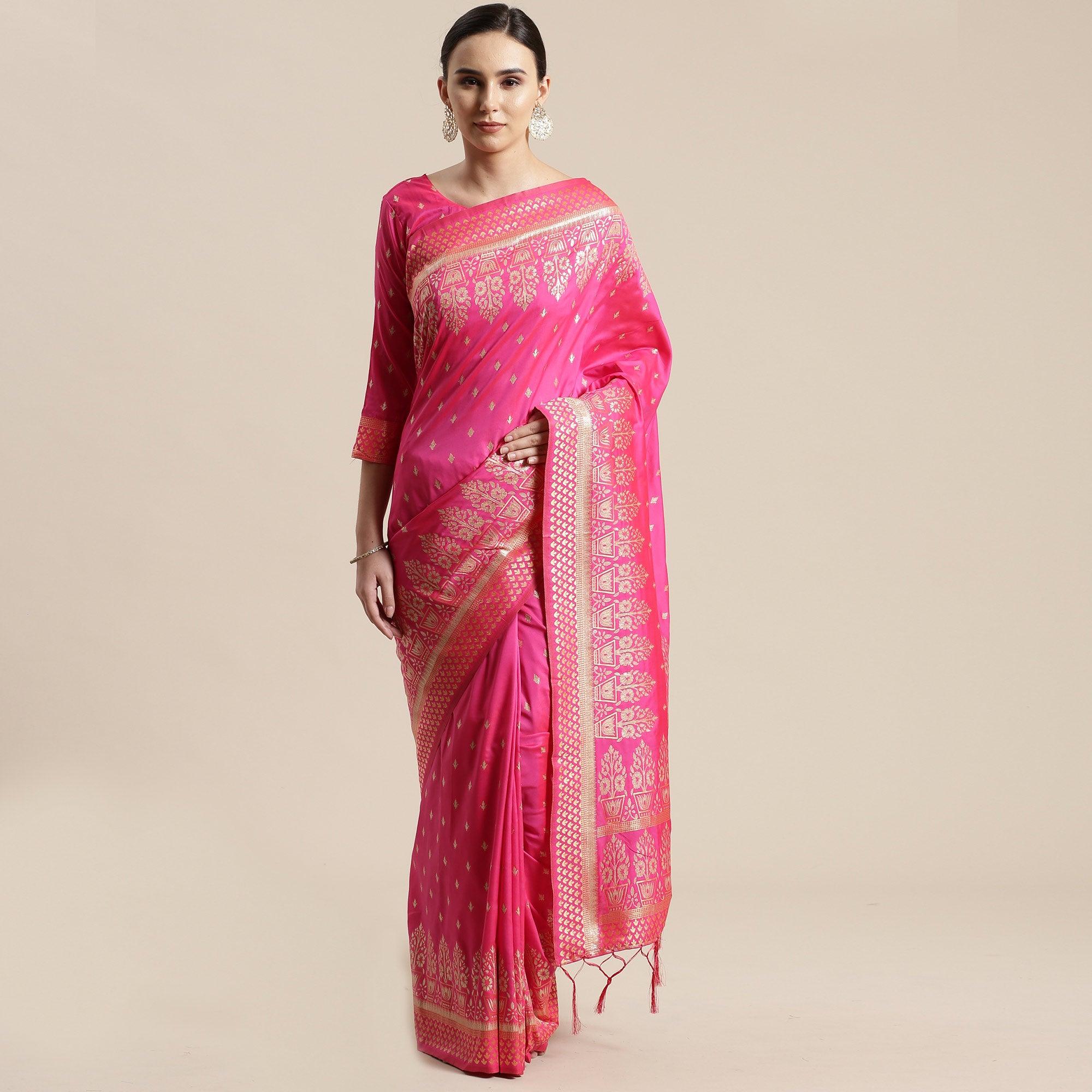 Lovely Pink Colored Festive Wear Silk Blend Woven Floral Saree With Tassels - Peachmode