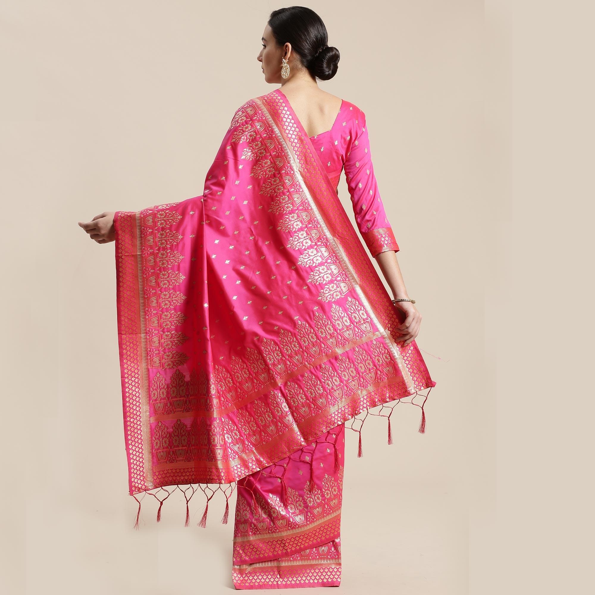 Lovely Pink Colored Festive Wear Silk Blend Woven Floral Saree With Tassels - Peachmode