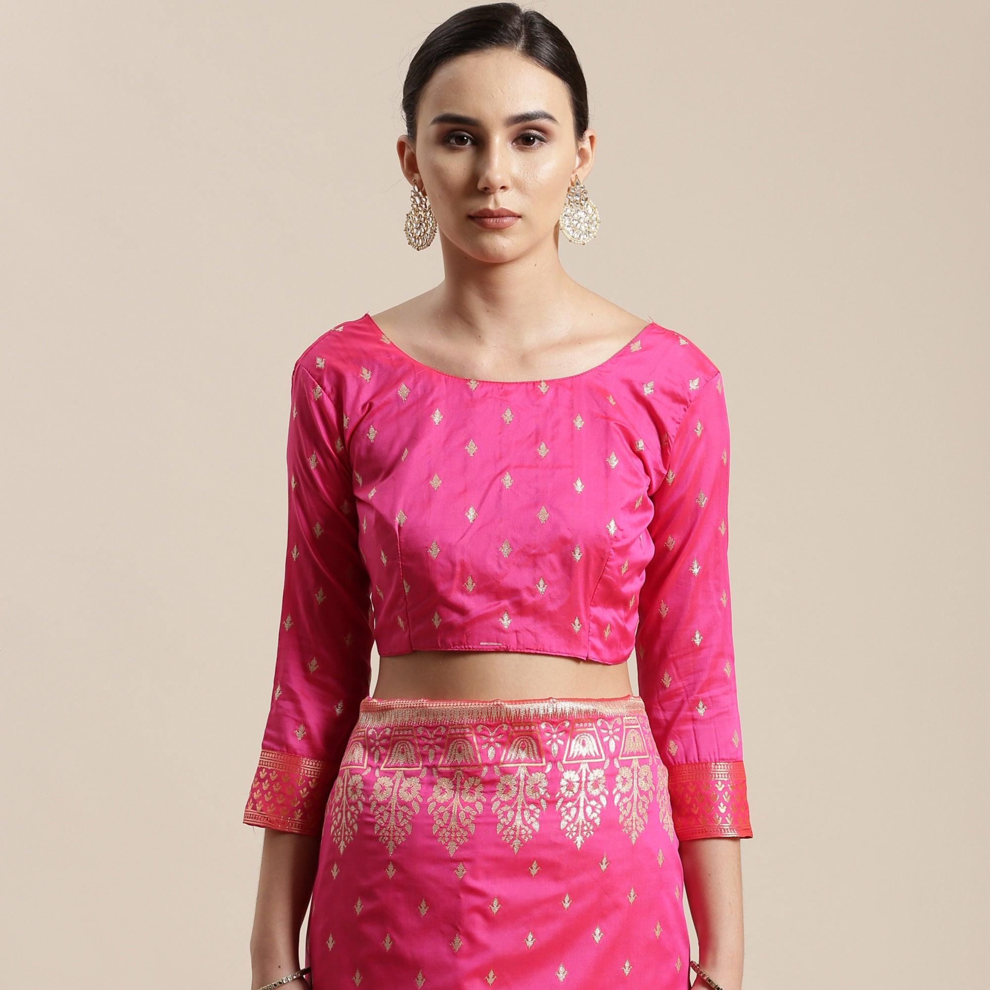 Lovely Pink Colored Festive Wear Silk Blend Woven Floral Saree With Tassels - Peachmode
