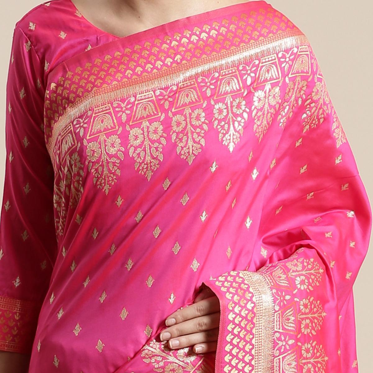 Lovely Pink Colored Festive Wear Silk Blend Woven Floral Saree With Tassels - Peachmode