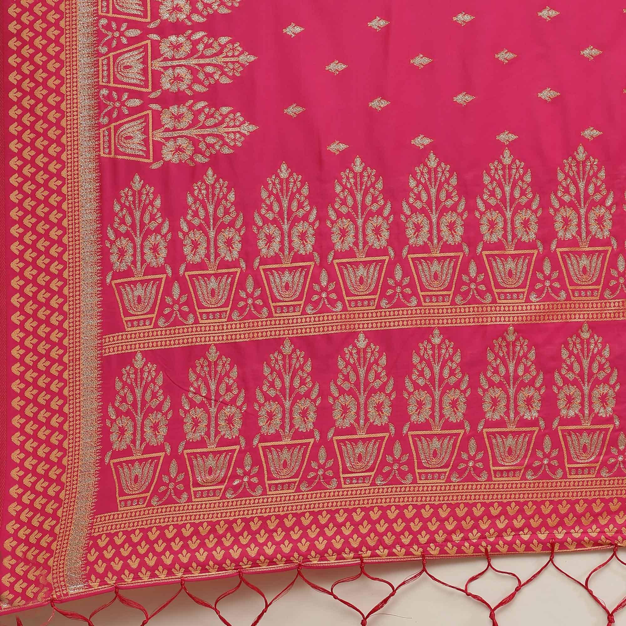 Lovely Pink Colored Festive Wear Silk Blend Woven Floral Saree With Tassels - Peachmode