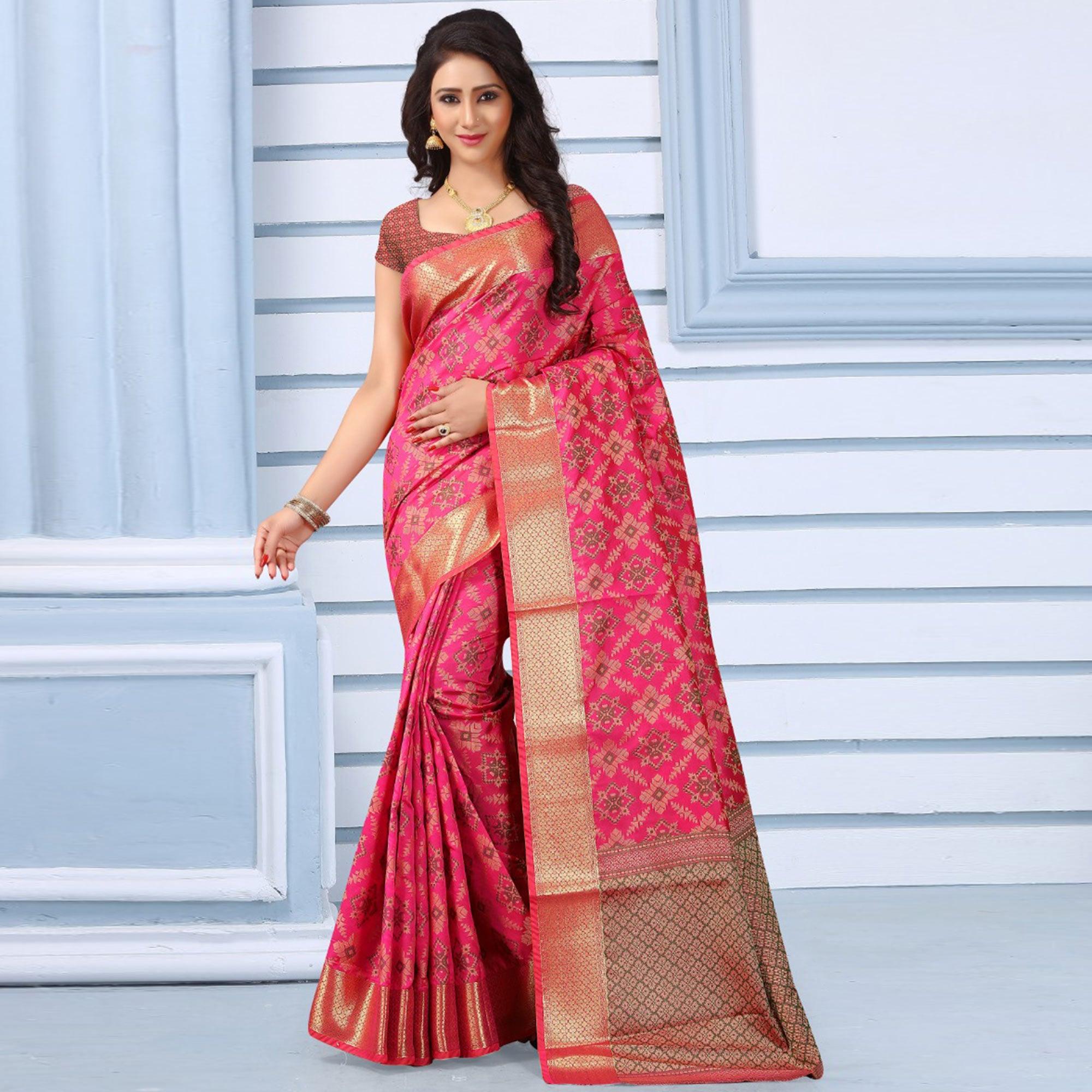 Lovely Pink Colored Festive Wear Woven Banarasi Silk Saree - Peachmode