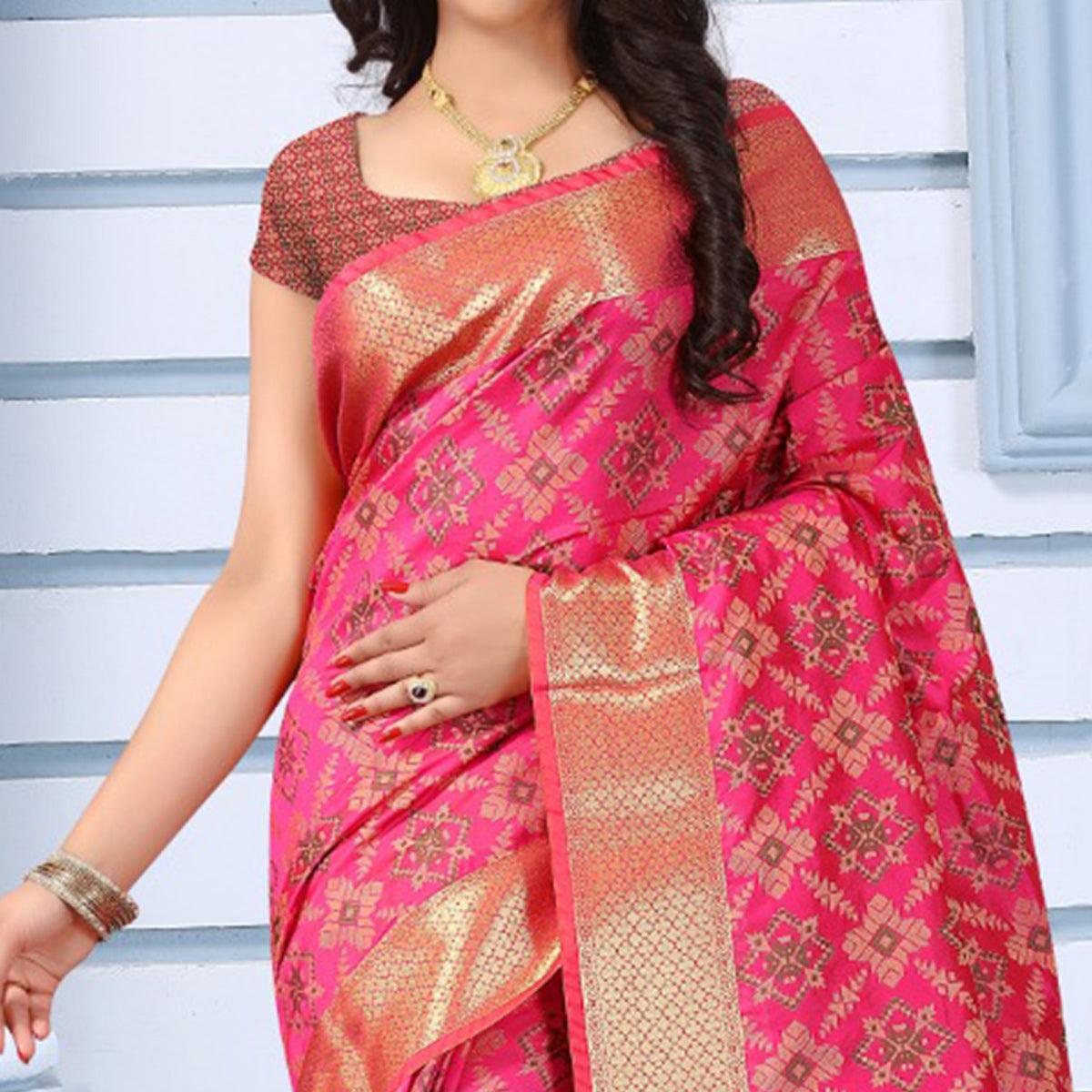 Lovely Pink Colored Festive Wear Woven Banarasi Silk Saree - Peachmode