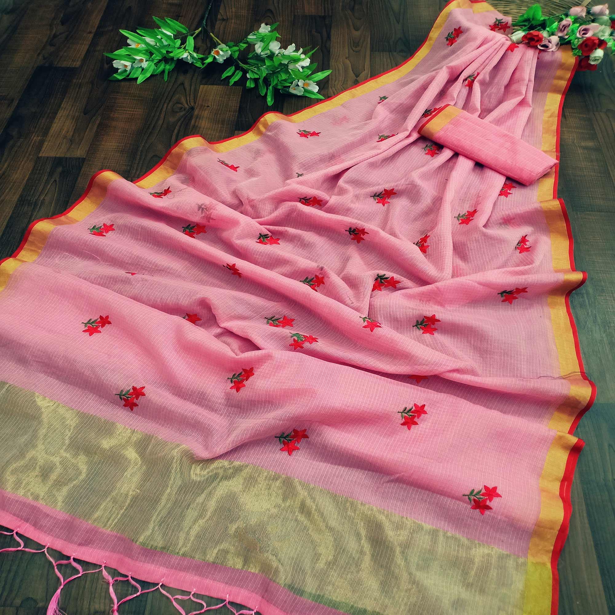 Lovely Pink Colored Festive Wear Woven Silk Saree - Peachmode