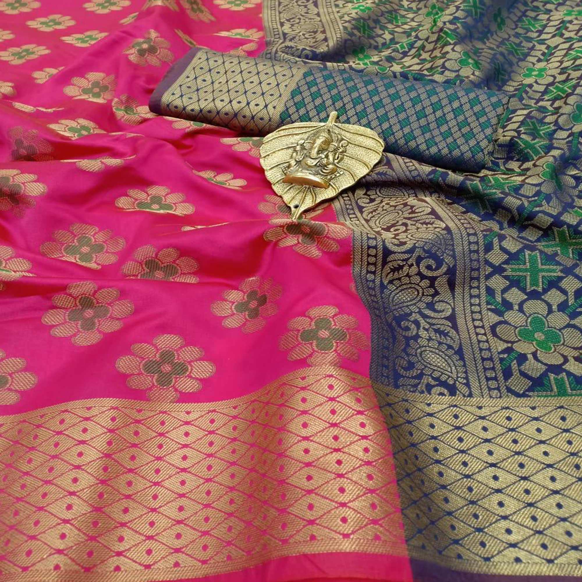 Lovely Pink Colored Festive Wear Woven Silk Saree - Peachmode