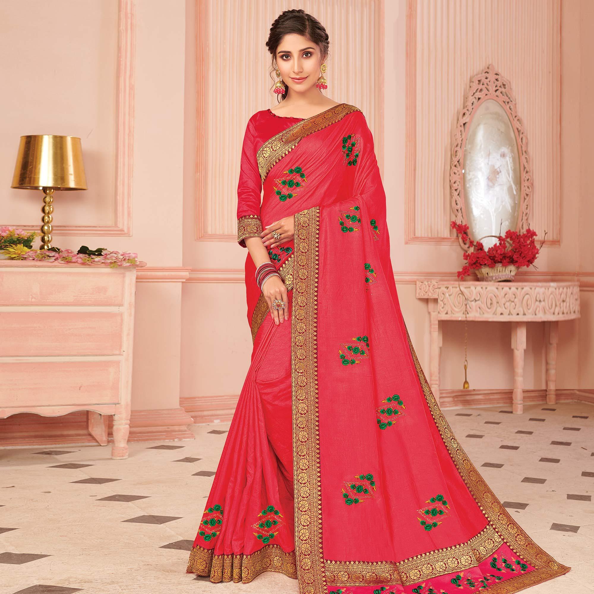 Lovely Pink Colored Partywear Emboidered Vichitra Silk Saree - Peachmode