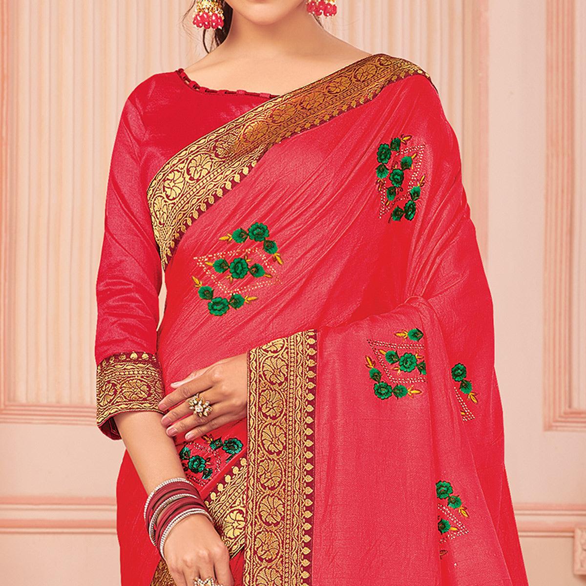 Lovely Pink Colored Partywear Emboidered Vichitra Silk Saree - Peachmode
