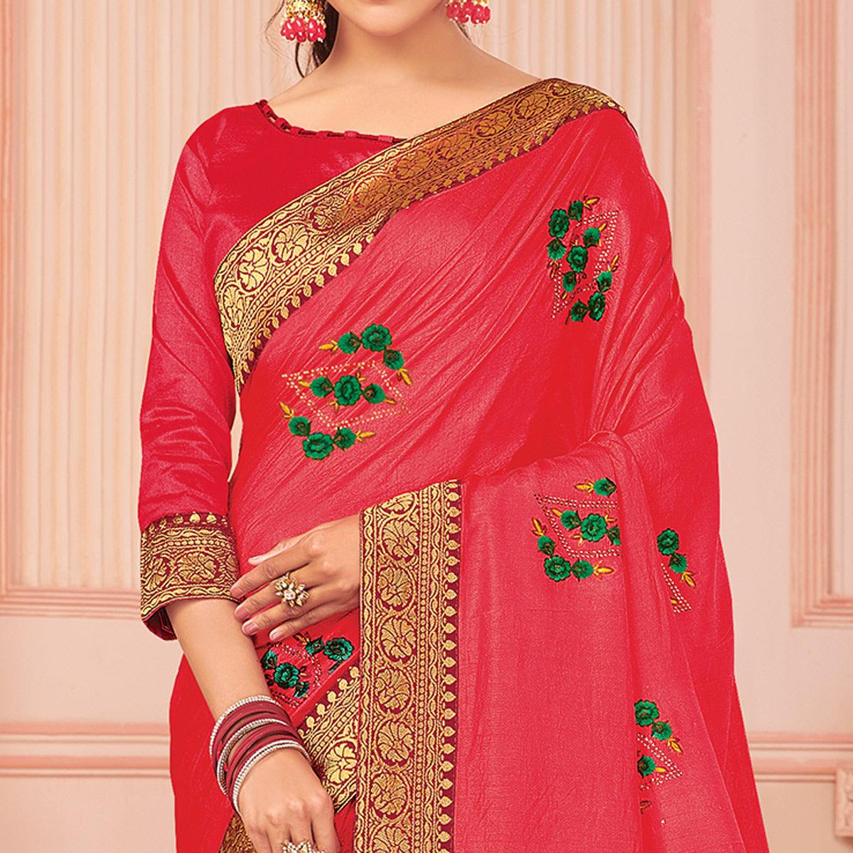 Lovely Pink Colored Partywear Emboidered Vichitra Silk Saree - Peachmode