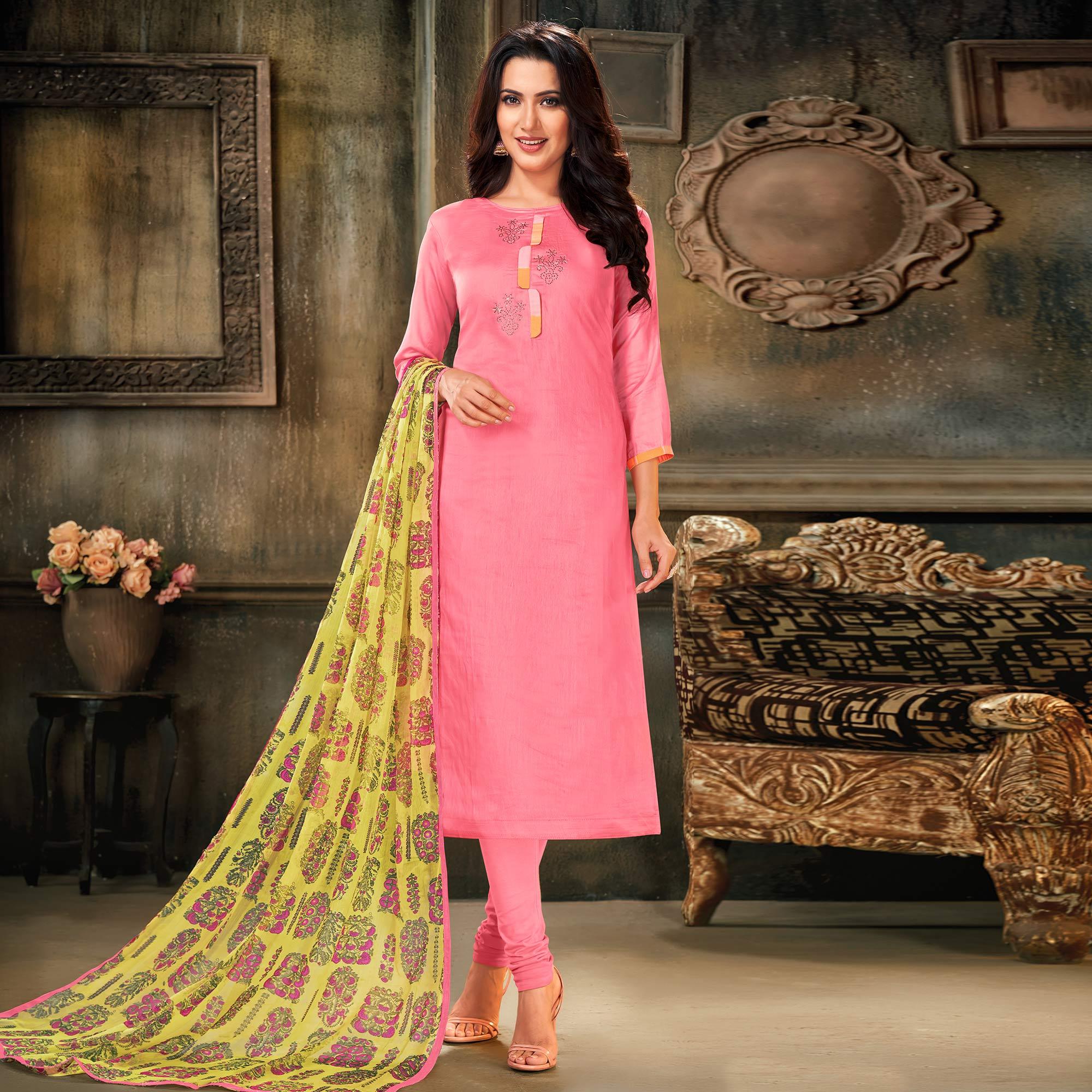 Lovely Pink Colored Partywear Embroidered Chanderi Dress Material - Peachmode