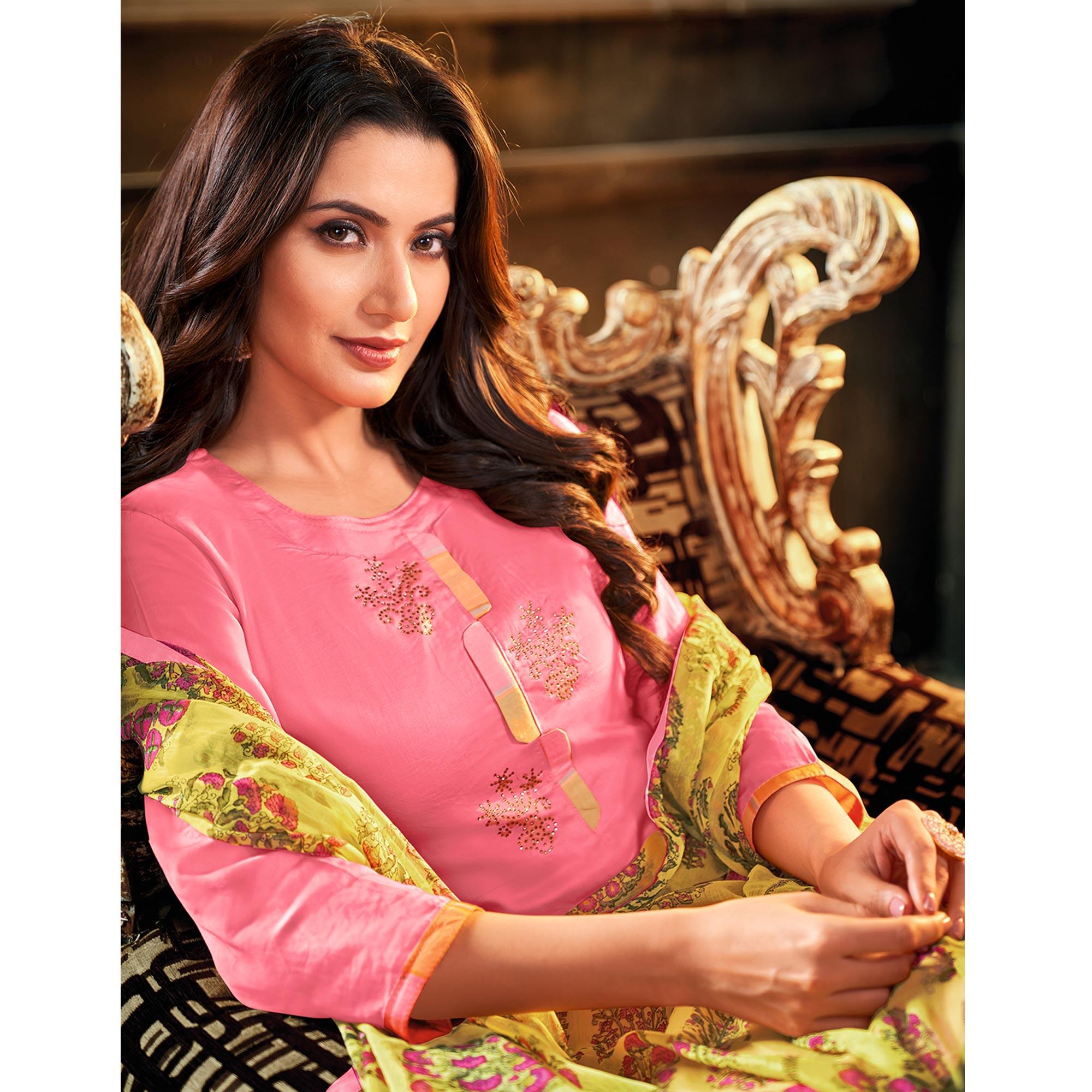 Lovely Pink Colored Partywear Embroidered Chanderi Dress Material - Peachmode