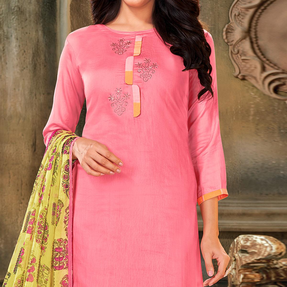 Lovely Pink Colored Partywear Embroidered Chanderi Dress Material - Peachmode