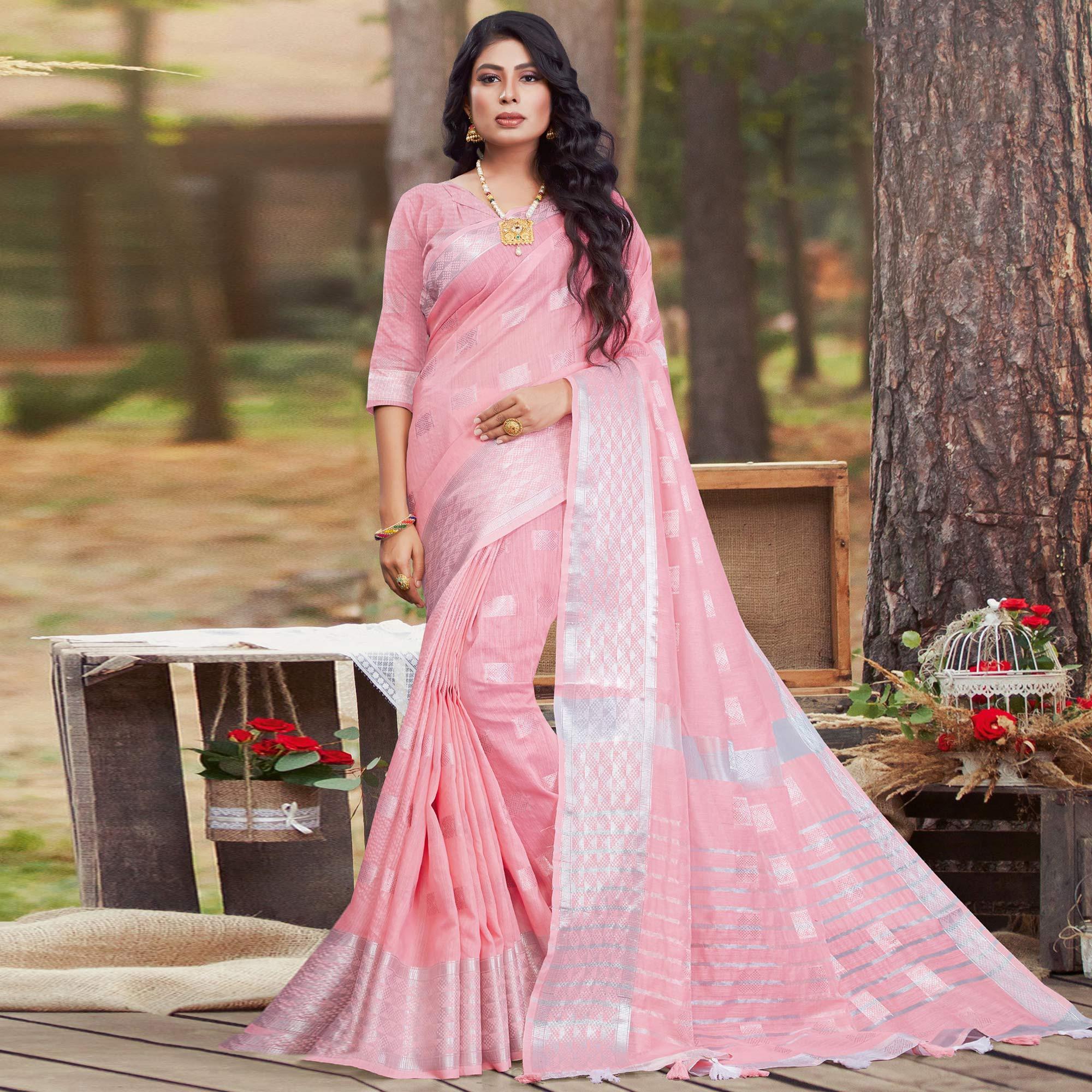Lovely Pink Coloured Partywear Woven Linen Cotton Saree - Peachmode