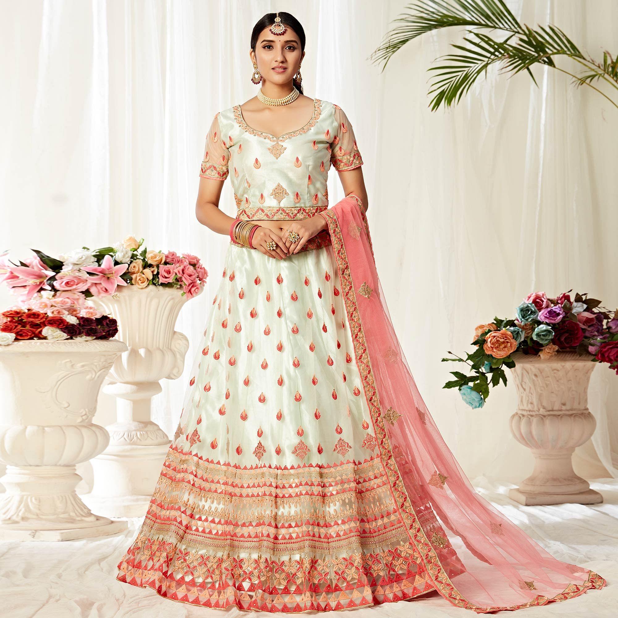 Lovely Pista Colored Wedding Wear Embroidered Heavy Net Lehenga Choli - Peachmode